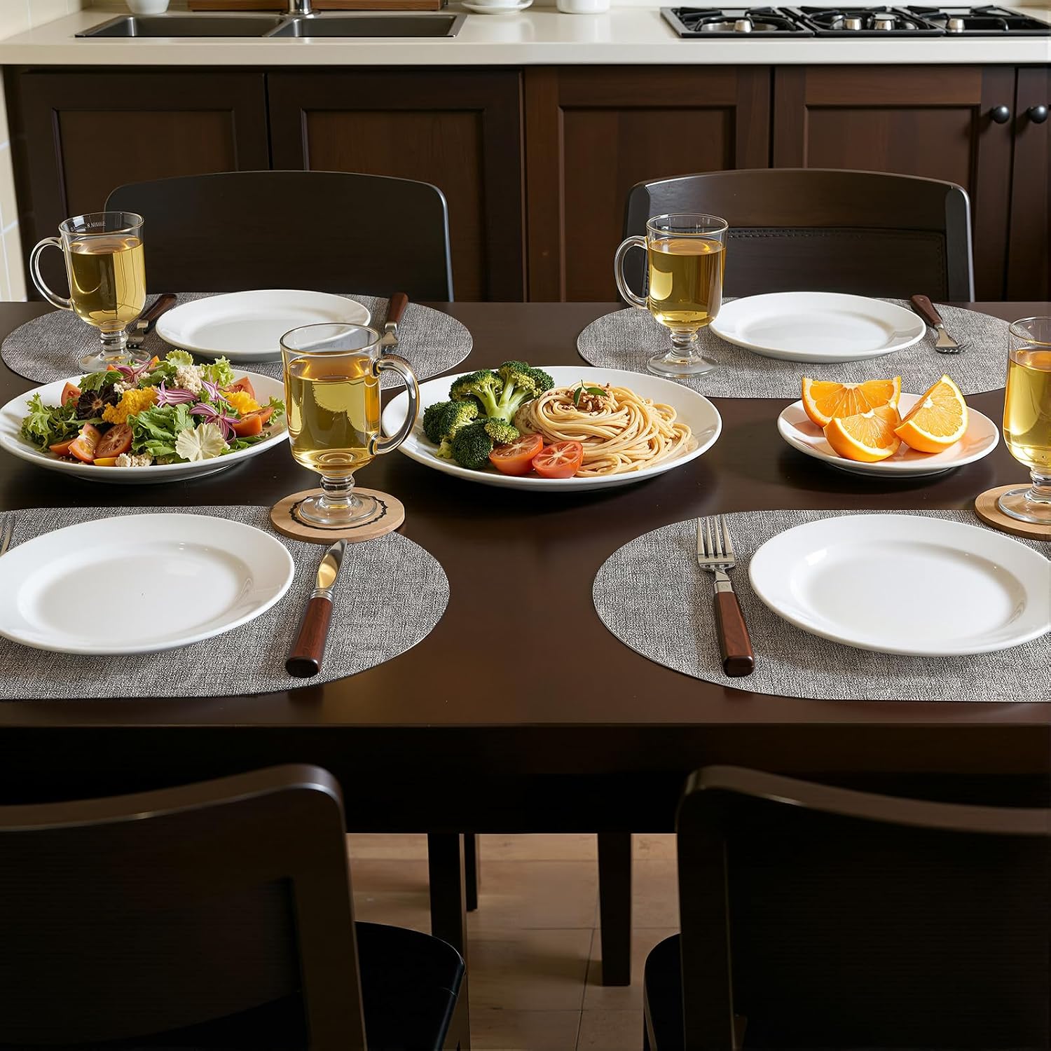 homing Placemats Set of 6, Heat Resistant Oval Faux Leather Place Mats 11.8 x 17 Inch, Waterproof Wipeable Reversible PU Placemat for Kitchen Dining Table, Indoor & Outdoor, Light Grey - Image 2