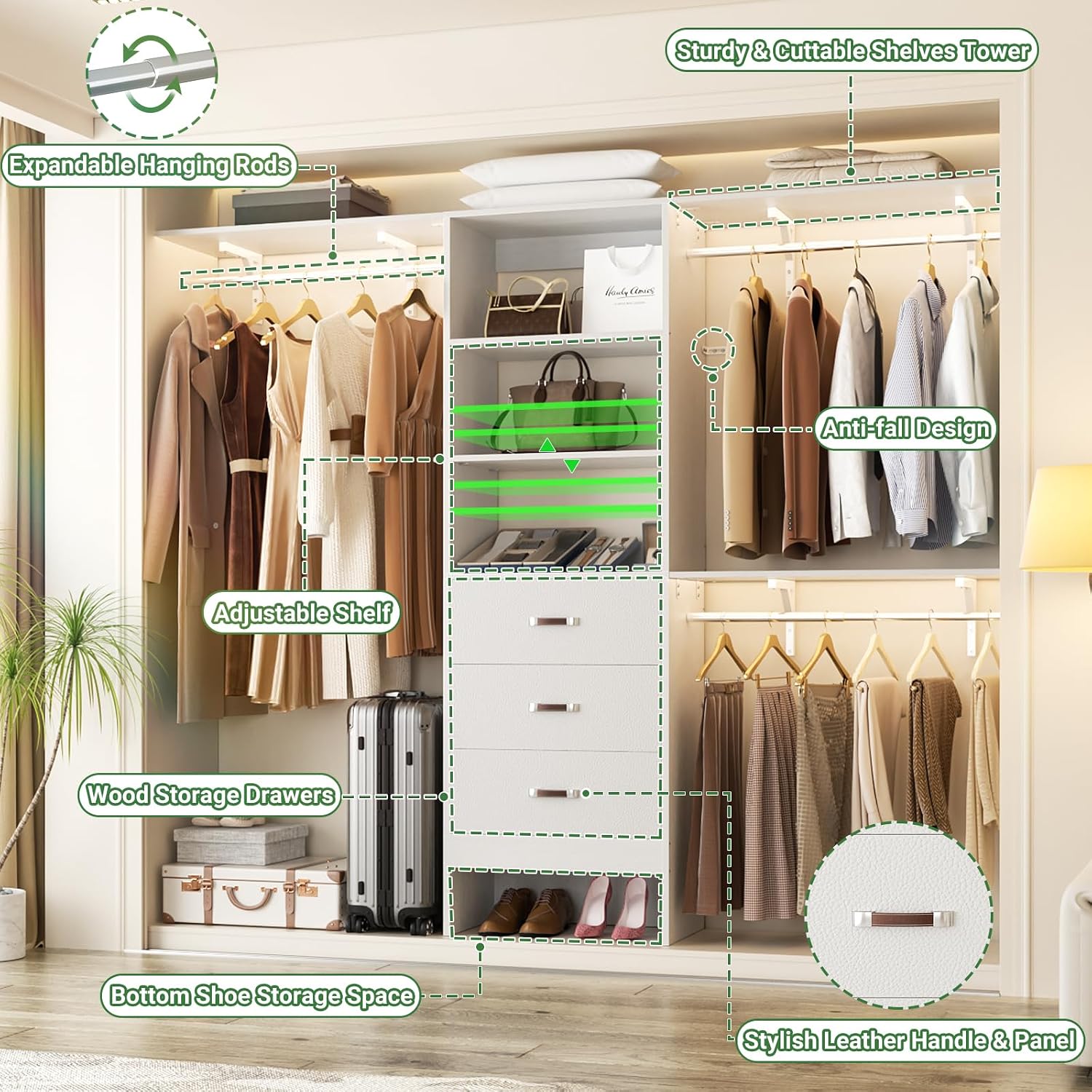 Besiost Closet System with Drawer - 8FT Wood Closet Organizer System with 3 Hanging Rods and Shelving Tower, 96" Walk In Closet Organizer Wardrobe, Heavy Duty Garment Rack Clothes Rack, White - Image 4