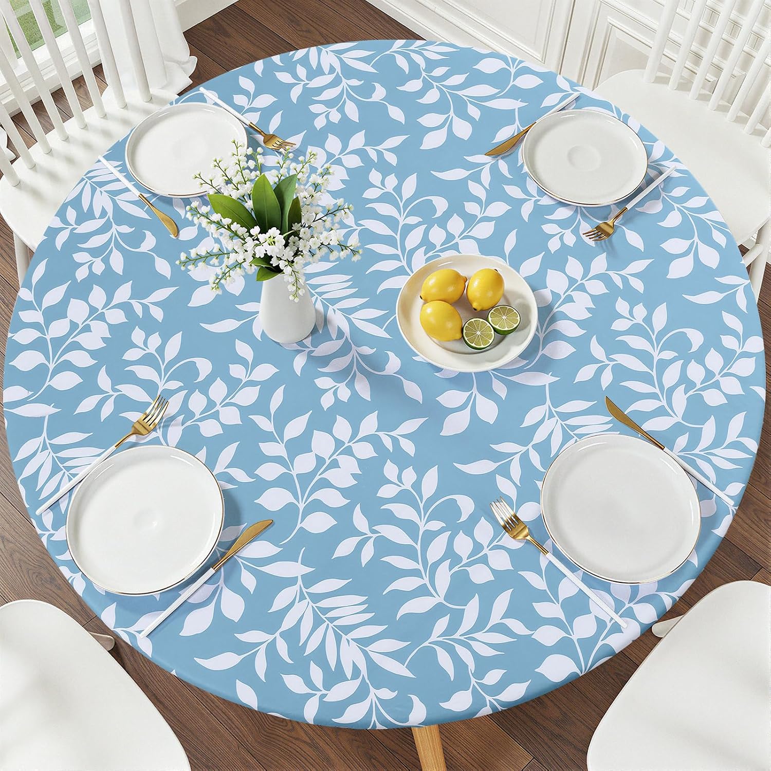Smiry Round Picnic Tablecloth, Waterproof Elastic Fitted Table Covers for 45" - 56" Tables, Wipeable Flannel Backed Vinyl Tablecloths for Camping, Indoor, Outdoor, Baby Blue