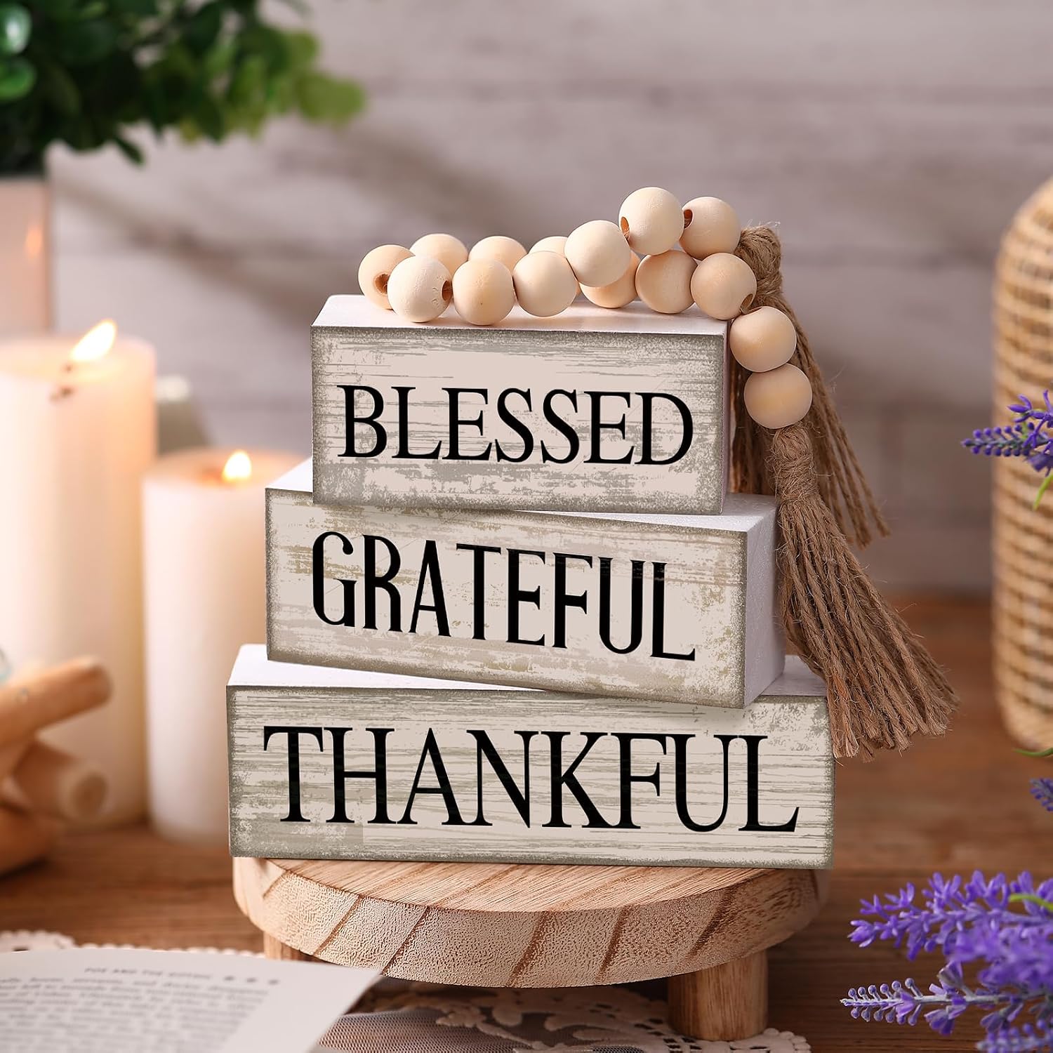 4 Pcs Farmhouse Wooden Tabletop Decor Neutral Farmhouse Tiered Tray Decor Rustic Retro Wood Bead Garland Blessed Grateful Thankful Block Sign Centerpiece for Coffee Home Office Shelf Mantle Table - Image 2