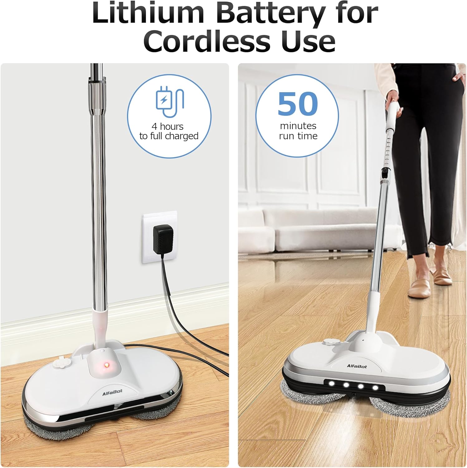 Cordless Electric Mop, WS24 Cordless Spin Mop for Floor Cleaning, Lightweight & Rechargeable Floor Cleaner with Water Sprayer and LED Headlight for Hardwood and Tile Floors, White - Image 2
