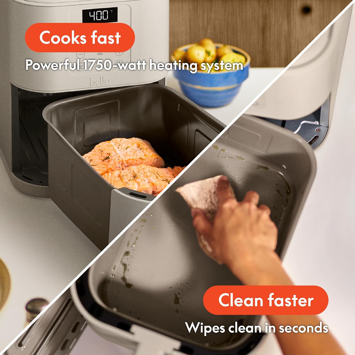 bella 6 Qt Slim Air Fryer, Fits-anywhere™ Kitchenware, EverGood™ Ceramic Nonstick Coating, Adjustable Temperature, 6 Preset Cooking Options, 60 Min Auto Shutoff w Audible Tone, 5lb Capacity, Oatmilk - Image 4
