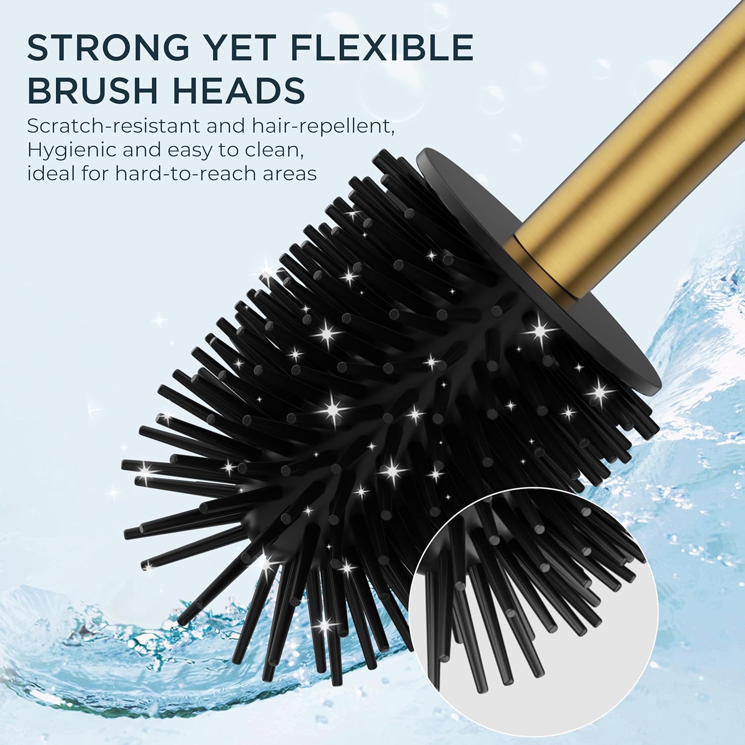 FORIOUS Toilet Brush and Holder Set, SUS304 Stainless Steel Square Base, Extended Long Handle, Drip-Proof & Space Saving, 2 Replaceable Brush Heads, Plastic & Silicone Dual Brush Head, Drak Gold - Image 6