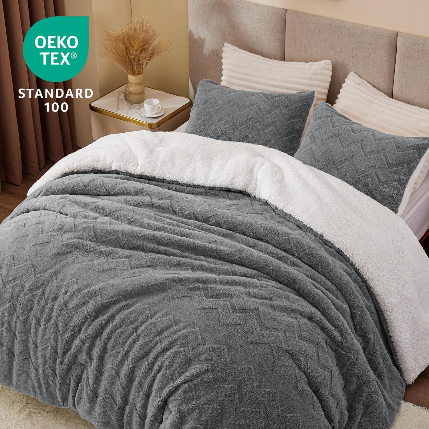 BEDELITE Fluffy Queen Comforter Set - Super Soft Sherpa Grey Comforter for Queen Size Bed, Luxury Warm Bedding Set for Winter, Fuzzy Bed Set 3 Pieces (1 Comforter, 2 Pillowcases) - Image 4