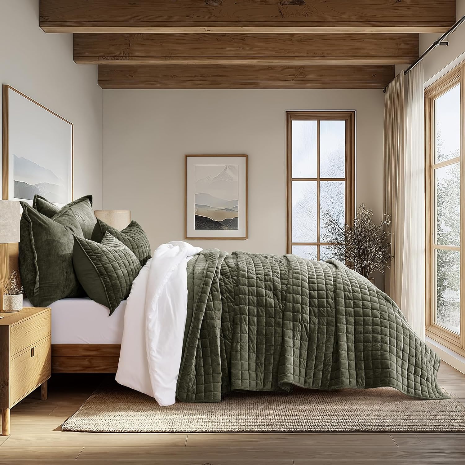 RECYCO Luxury Velvet Quilt Set King Size, Lightweight Velvet Comforter Set, Oversized Bedspread Coverlet Quilted Bedding Set, with 2 Matching Pillow Shams, for All Season, Olive Green - Image 2
