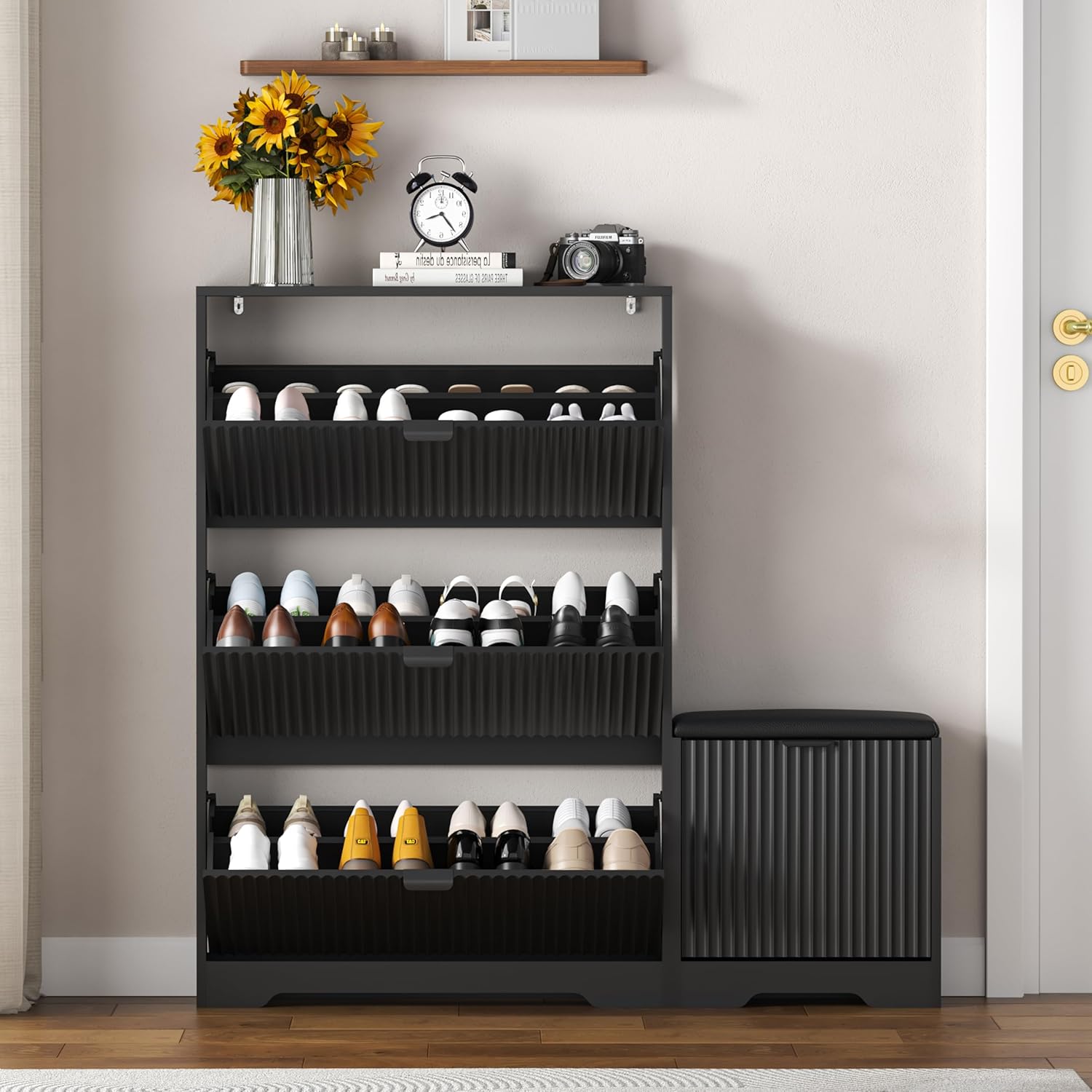 HUANLEGO Shoe Cabinet Storage for Entryway with 4 Flip Drawers, Black Fluted Shoe Cabinet with Bench, Wooden Hidden Shoe Rack Freestanding Narrow Slim Shoes Storage Organizer for Hallway, Entrance - Image 3