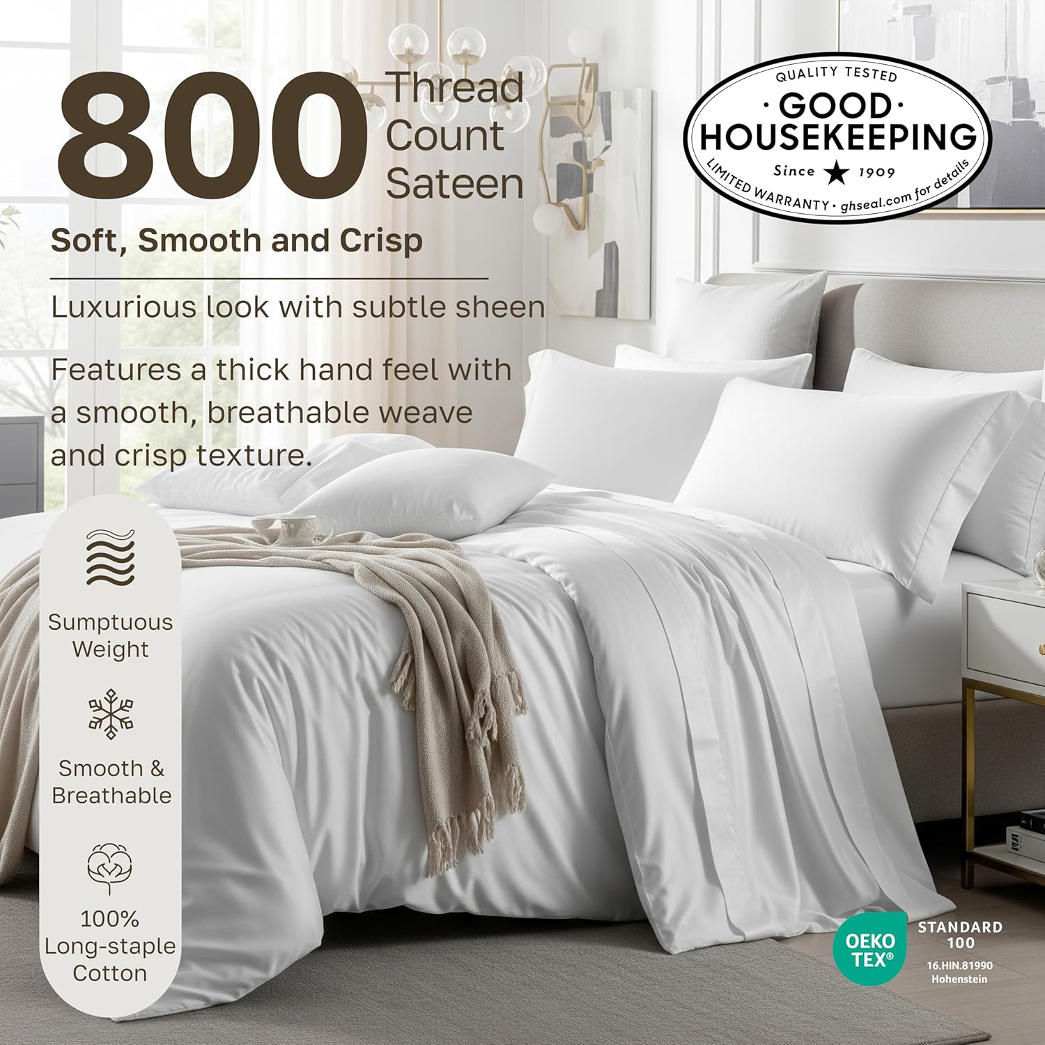 California Design Den Luxury 800 Thread Count 100% Cotton Sheets for Queen Size Bed - Soft Sateen,Deep Pockets for a Snug Fit, Durable Bedding Set - White Sheets - Image 3