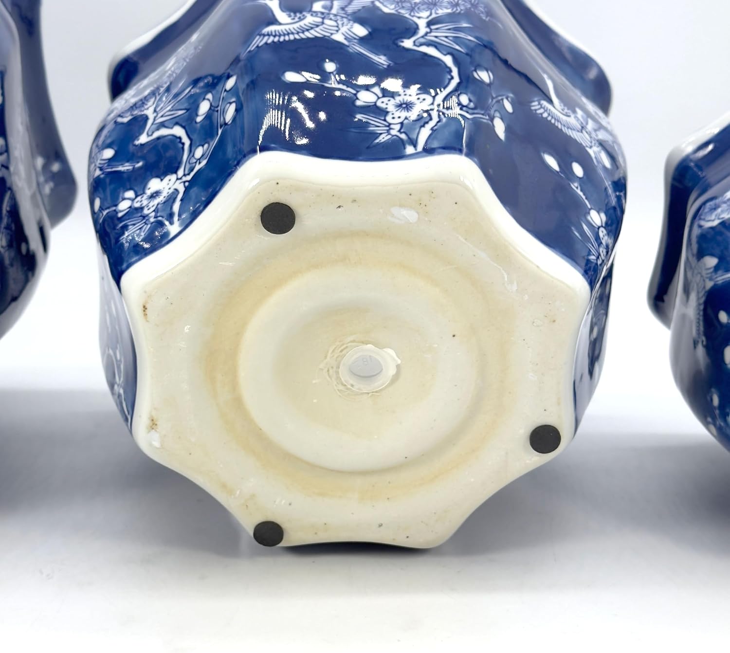 Galt International White & Blue Crane Round Fluted Floral Porcelain Ceramic Plant Flower Planter Pot Set of 3 (7.5", 10", 13") Garden Pots Chinese Asian Design - Image 9