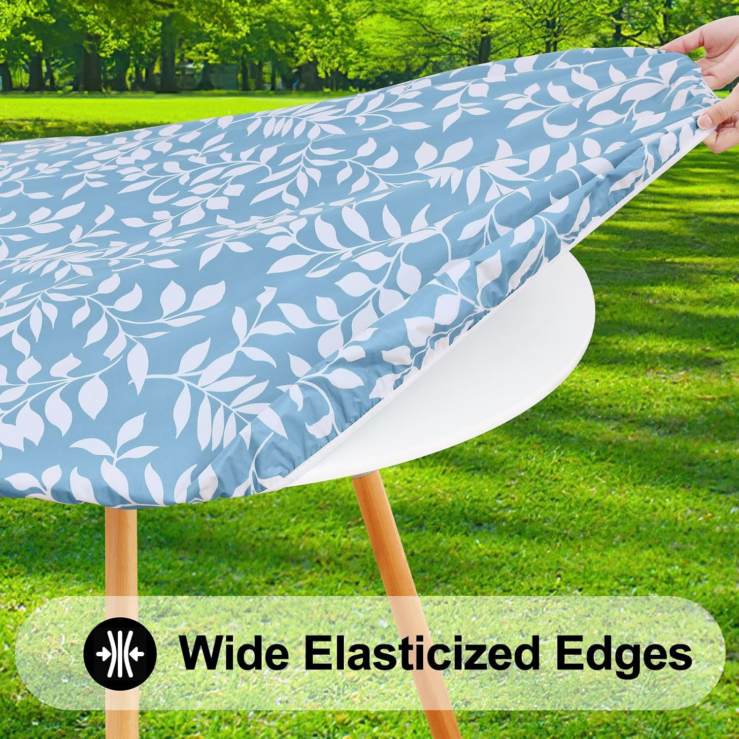 Smiry Round Picnic Tablecloth, Waterproof Elastic Fitted Table Covers for 45" - 56" Tables, Wipeable Flannel Backed Vinyl Tablecloths for Camping, Indoor, Outdoor, Baby Blue - Image 2