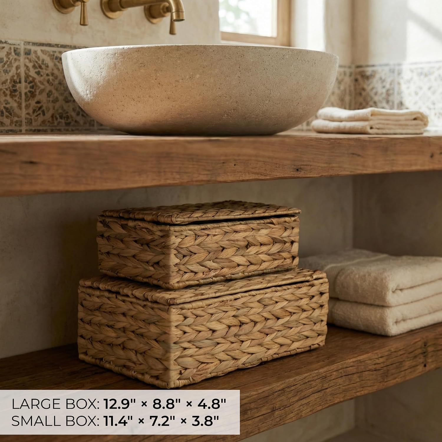 Decorative Storage Boxes with Lids - Set of 2 Beautiful Wicker Organizer Bins for Your Shelves & Home Decor - Safely Store Your Photos, Documents, and Memory Box Keepsakes in a Stylish Rattan Design - Image 5