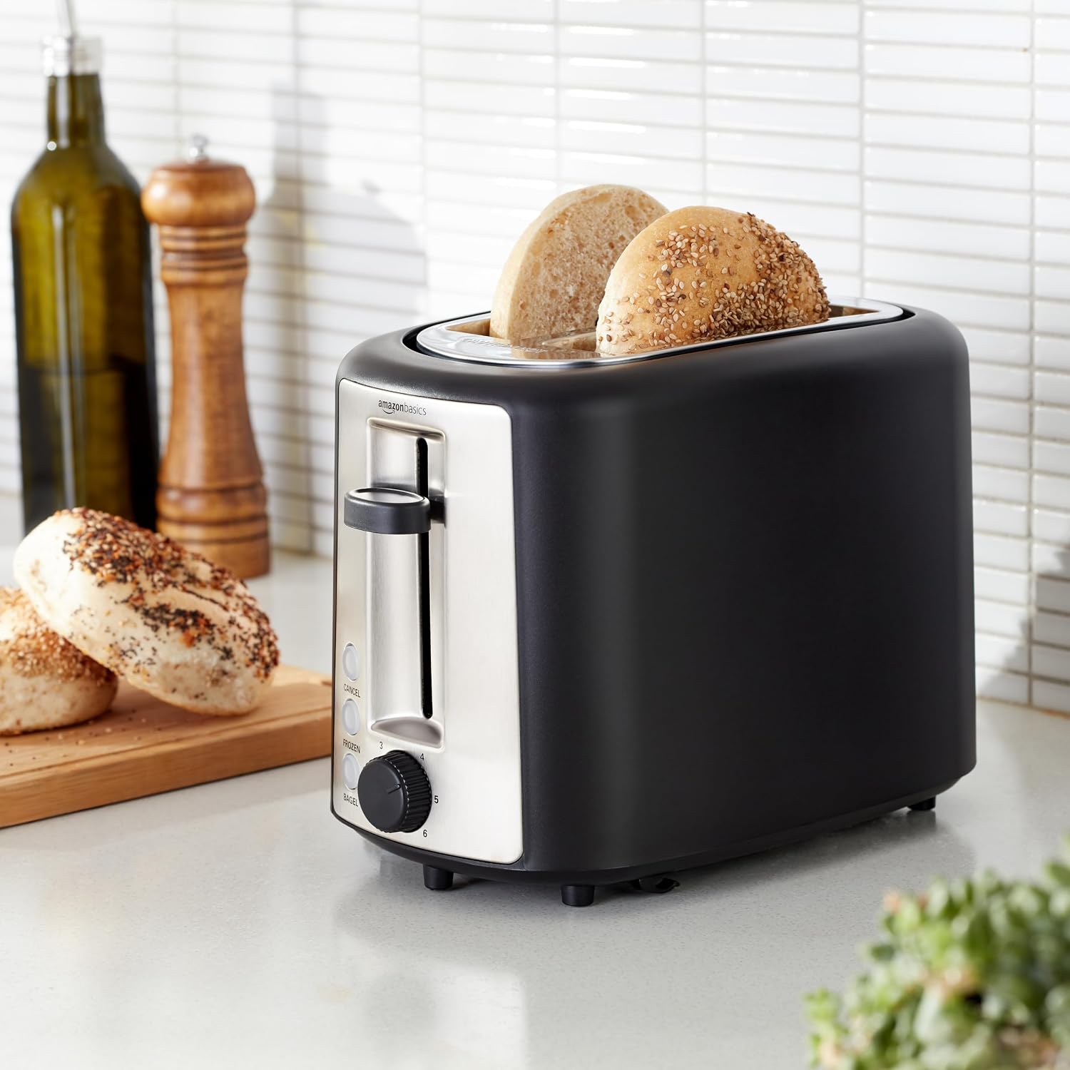 Amazon Basics 2 Slice Toaster, Extra Wide Slots for Bagels, 6 Browning Settings, Removable Crumb Tray, Defrost/Cancel/Bagel Buttons, Cord Wrap, 900W, Black & Silver - Image 6