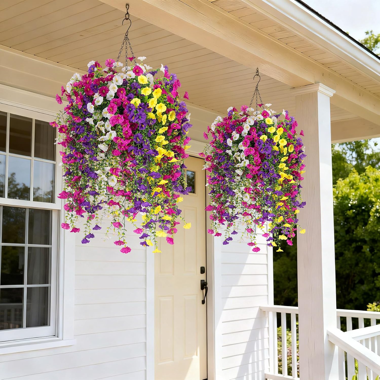 Artificial Hanging Petunias Flowers for Outdoor, 8pcs Fake Plants Long Vine Morning Glory Eucalyptus, UV Resistant Realistic Faux Greenery Outside Patio Porch Garden Spring Summer Decor, Mix Color - Image 6