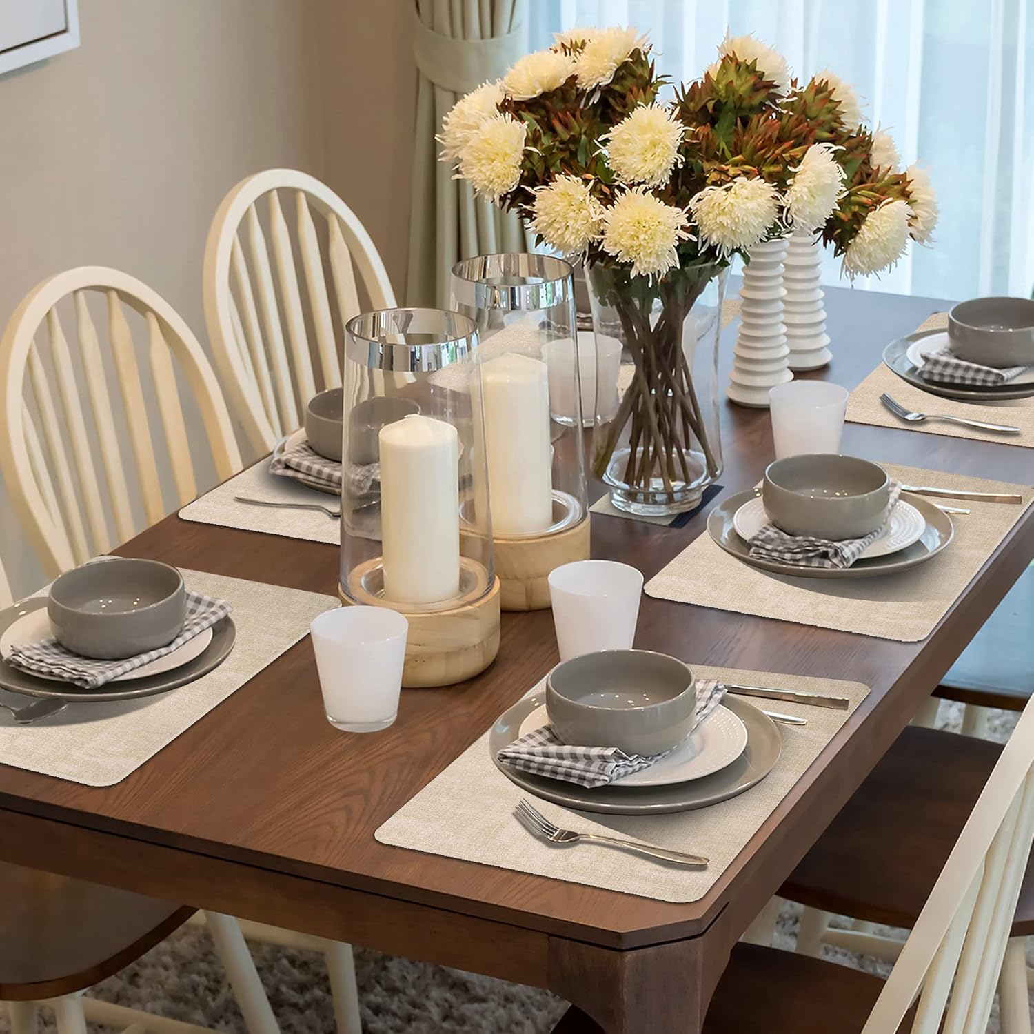 Maxpearl Faux Leather Placemats Set of 6 - Waterproof - Wipe Clean - Heat Resistant - Anti Slip Dining Table Place Mats, Suitable for Indoor & Outdoor Use, 17’’×12’’, Beige - Image 2