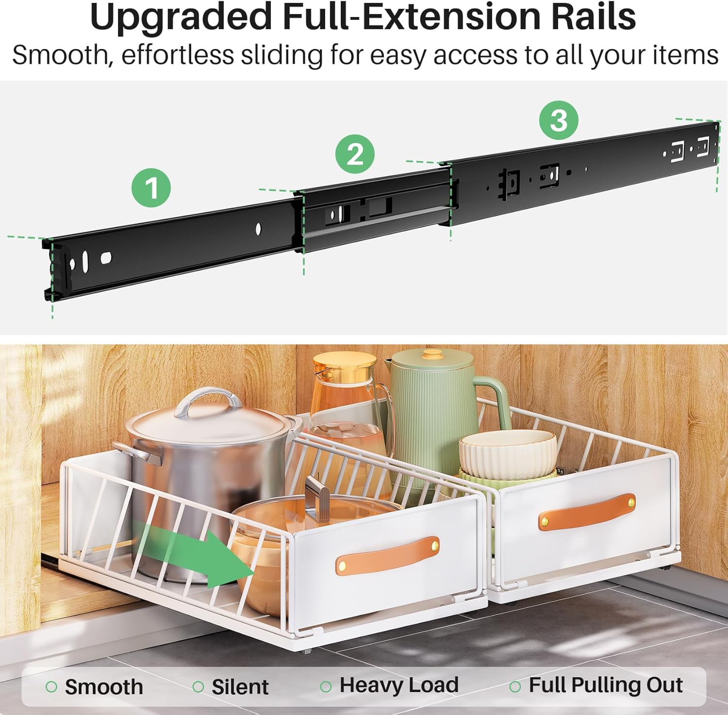 Pull out Cabinet Organizer,Heavy Duty Slide out Pantry Shelves Drawer Storage with Adhesive Nano Film,Sliding Mesh Cabinet Basket with Handle for Kitchen, Bathroom, Home, 11.8W" X 15.7"D X 6.2"H,White - Image 3