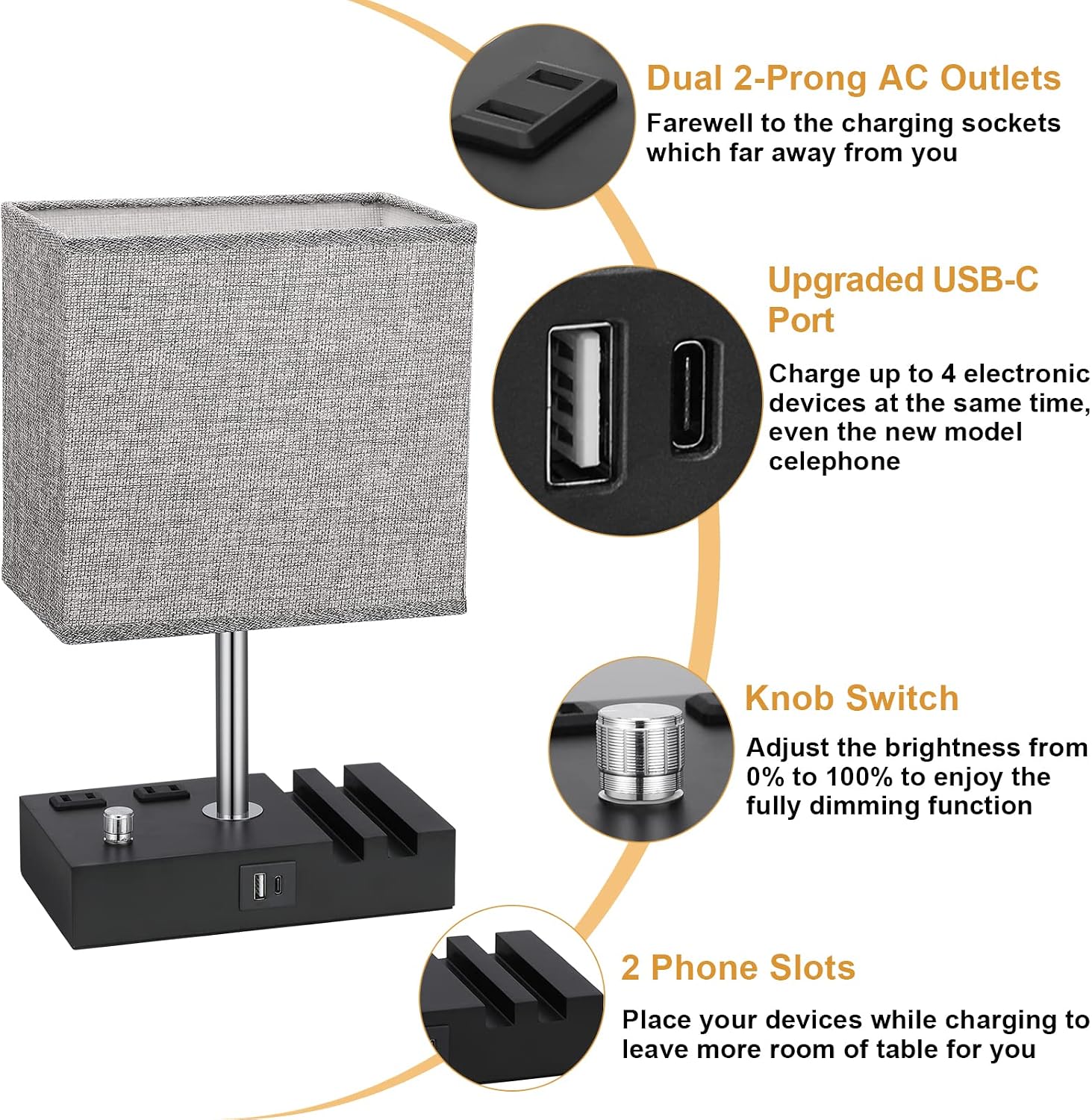 Kakanuo Fully Dimmable Nightstand Lamp for Bedroom with USB C Ports, Grey Small Bedside Table Lamp with Charging Outlets and Phone Stands, Wooden Desk Lamp for Living Room, LED Bulb Included - Image 5