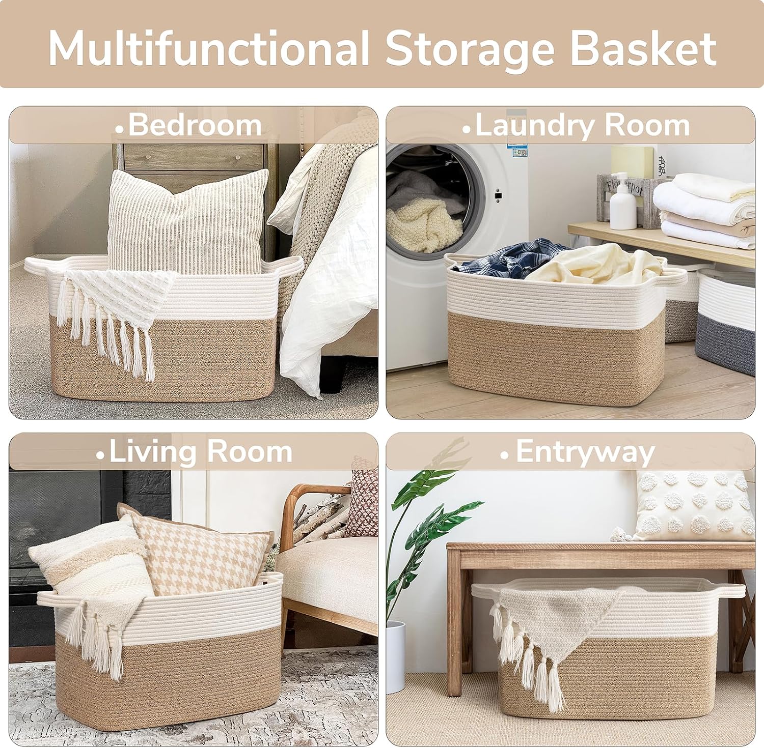 Goodpick Large Woven Blanket Basket, 21.6" x 14.9" x 11.8" Storage Baskets for Organizing, Rectangle Cotton Rope Toy Basket for Living Room, Bedroom, White & Brown - Image 4
