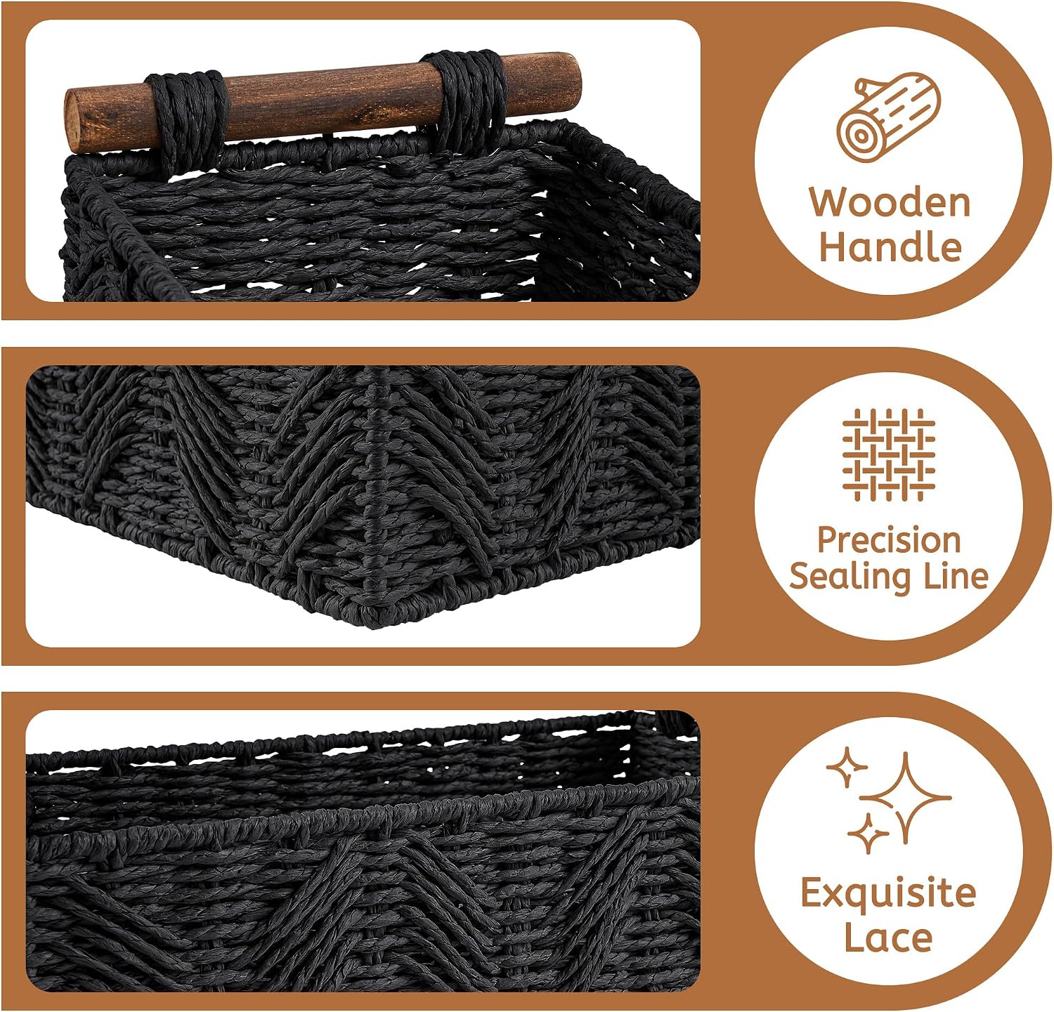 Bathroom Baskets for Organizing with Handle Decorative Basket for Bathroom Countertop Storage Toilet Paper Storage Basket for Toilet Tank Top Small Baskets Set,Black - Image 2