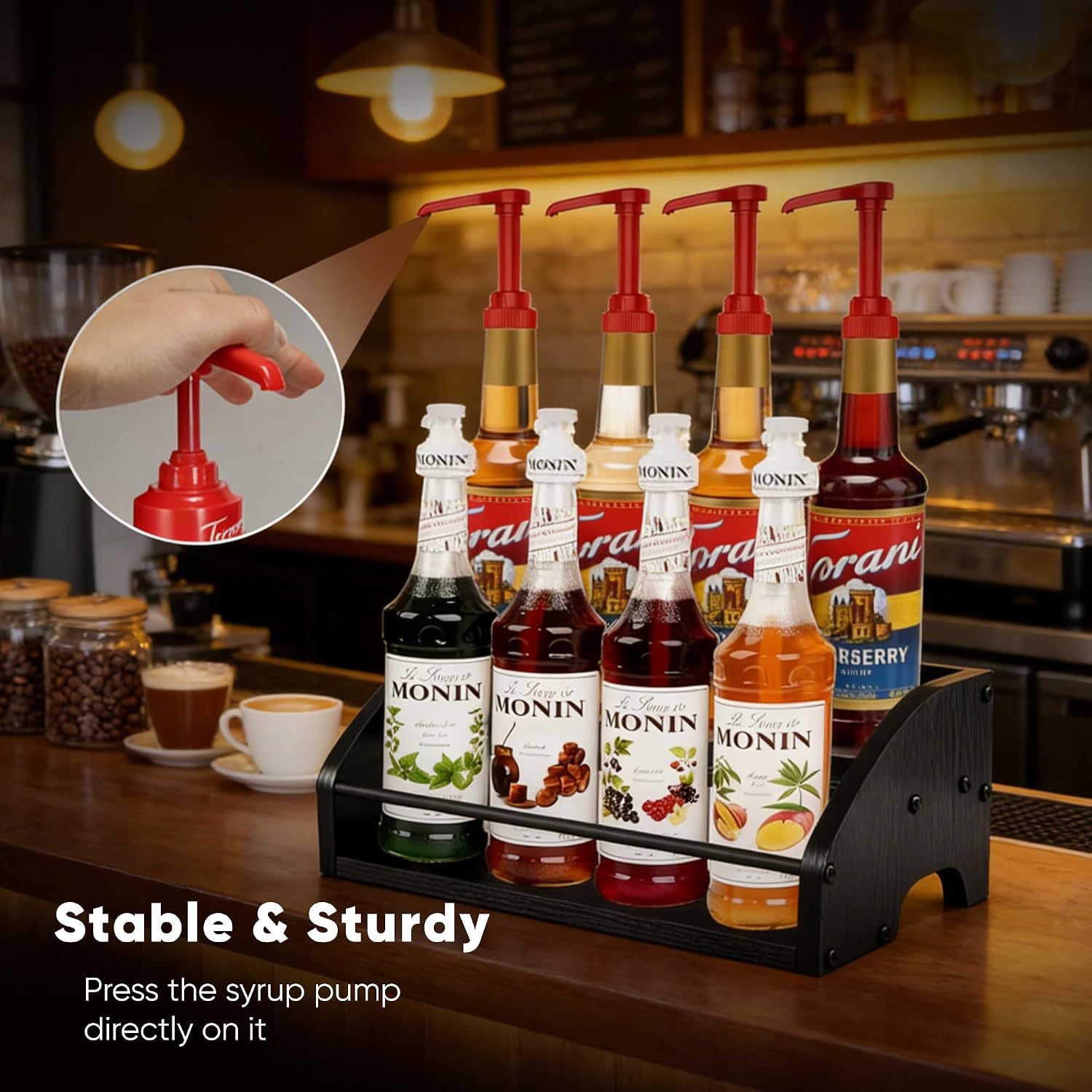 Mini Coffee Syrup Rack, 2-Tier | Syrup Bottles Holder, Liquor Bottle Display Shelf, Rustic Wooden Countertop Organizer, For Coffee Bar, Spirits, Tea - Image 2