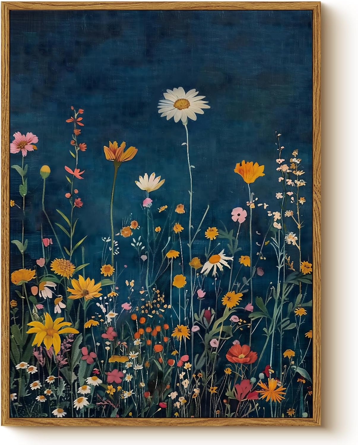 WHASAYART Botanical Floral Canvas Print 12x16 Framed Wildflower Wall Art, Rustic Dark Blue Colorful Flower Artwork, Vibrant Vintage Painting Living Room Kitchen Bedroom Hallway Home Decor