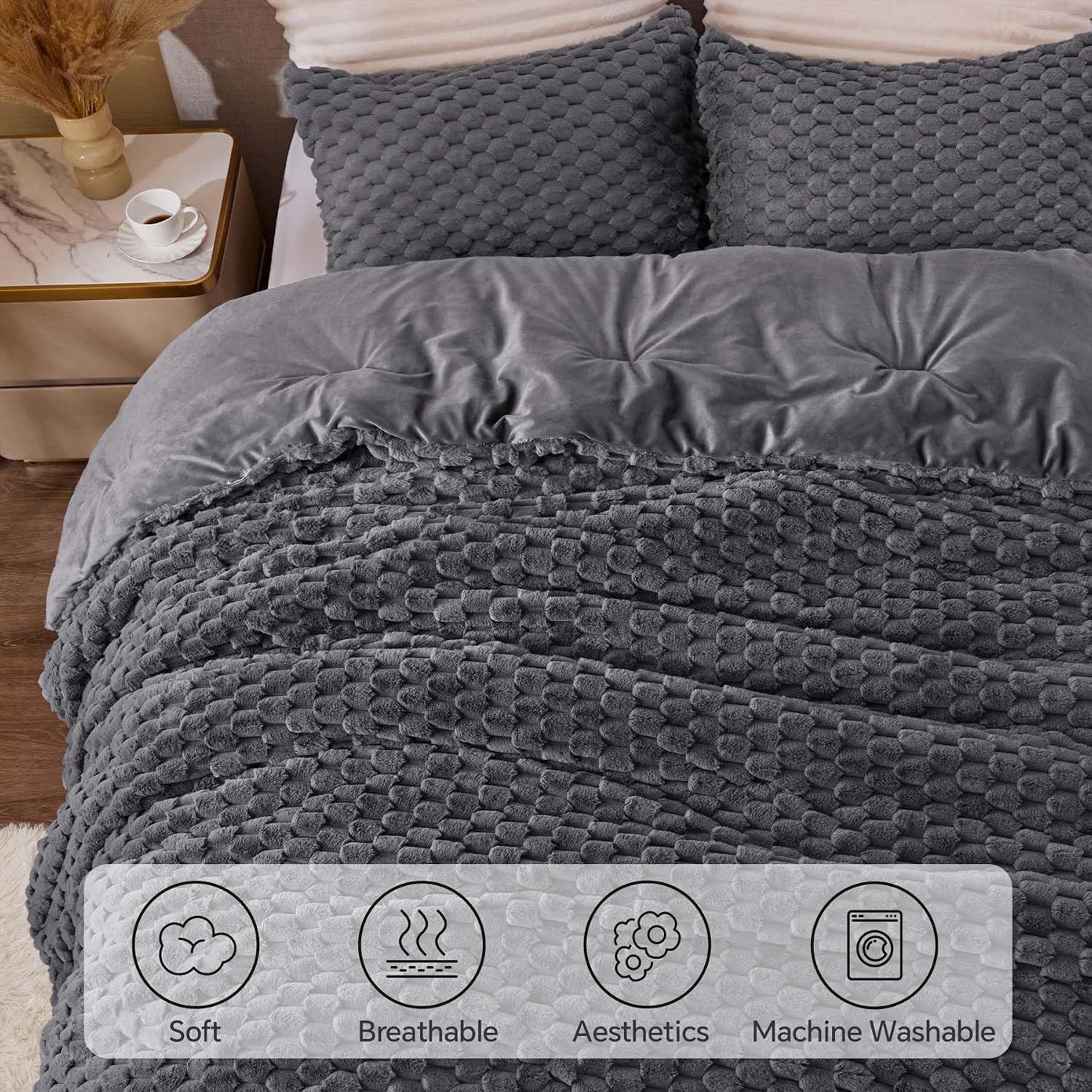 BEDELITE Fluffy Queen Comforter Set - Grey Fleece Soft Comforter for Queen Size Bed, Luxury Warm Bedding Set for Winter, Fuzzy Bed Set 3 Pieces (1 Comforter, 2 Pillowcases) - Image 3