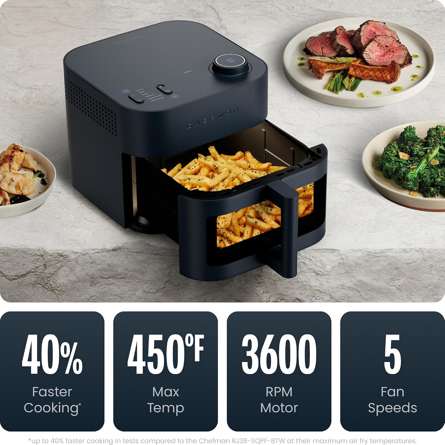 Chefman Crispinator Air Fryer 6-in-1 with 8 Qt capacity, 450°F Max Temp with TurboFry Pro Technology for Fast and Even Results, Viewing Window, Nonstick Ceramic Basket - Image 4