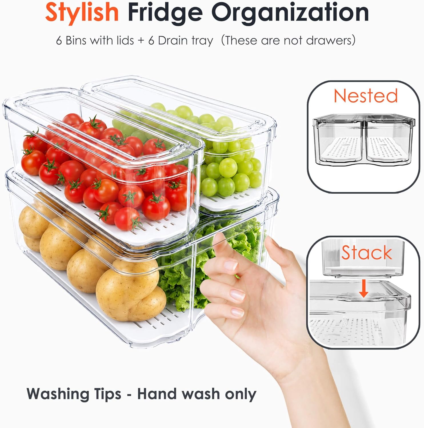 SMRCAD 6 Pack Clear Fridge Organizer Bins with Drain Trays - Stackable | BPA-Free PET, 6 Pack: 6 lidded Bins (Not drawer), Helps Keep Produce Fresh, 14L Capacity, Hand Wash Only - Image 7