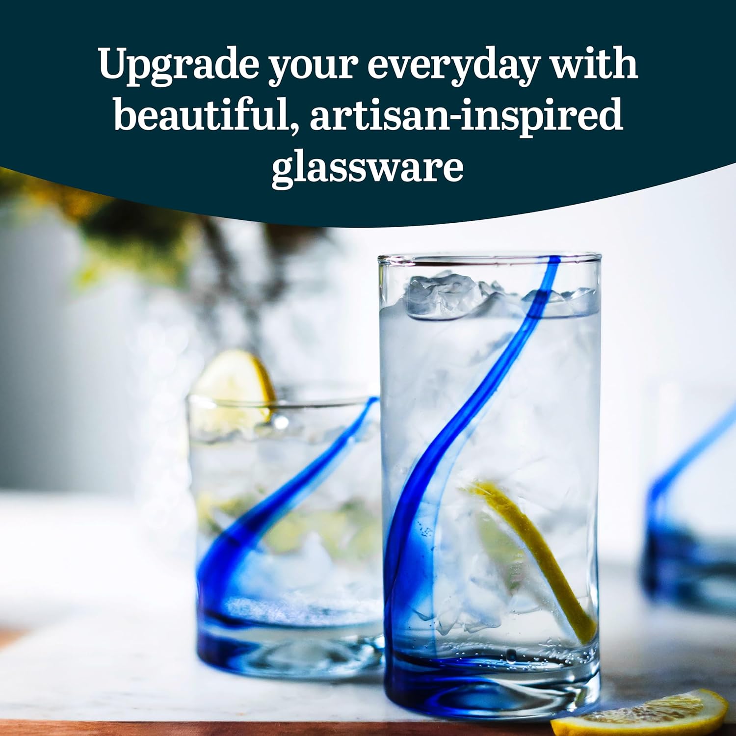 Libbey Tumbler and Rocks Glasses Drinking Set, Unique Blue Ribbon Drinking Glasszes for Dining, Dishwasher Safe Bar Glassware Set - Image 2