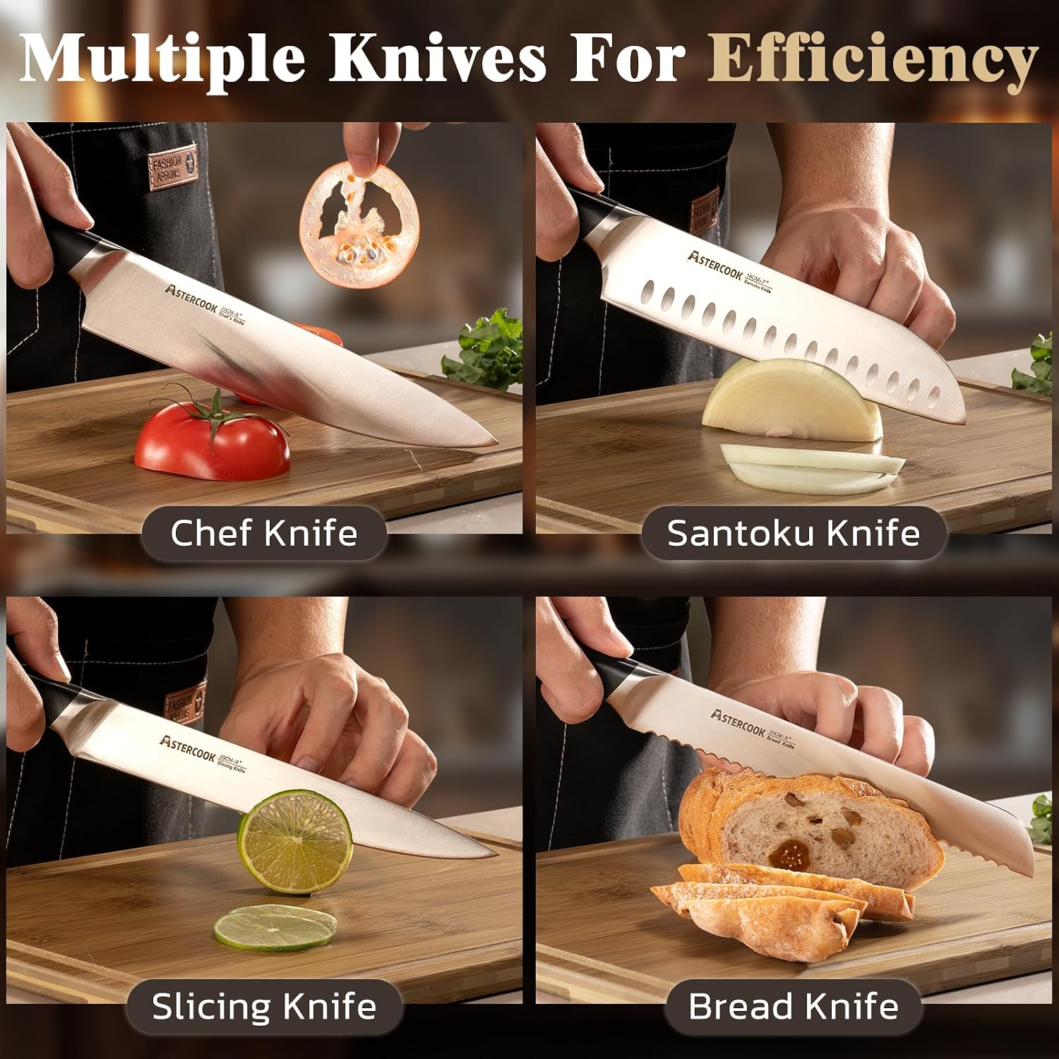 Astercook Knife Set, Kitchen Knives Set with Block and Sharpener Full Tang 17 Pcs German Stainless Steel Knives Sharp Blade Dishwasher Safe Premium Knife Set, Black Father Day Gifts for Men - Image 6