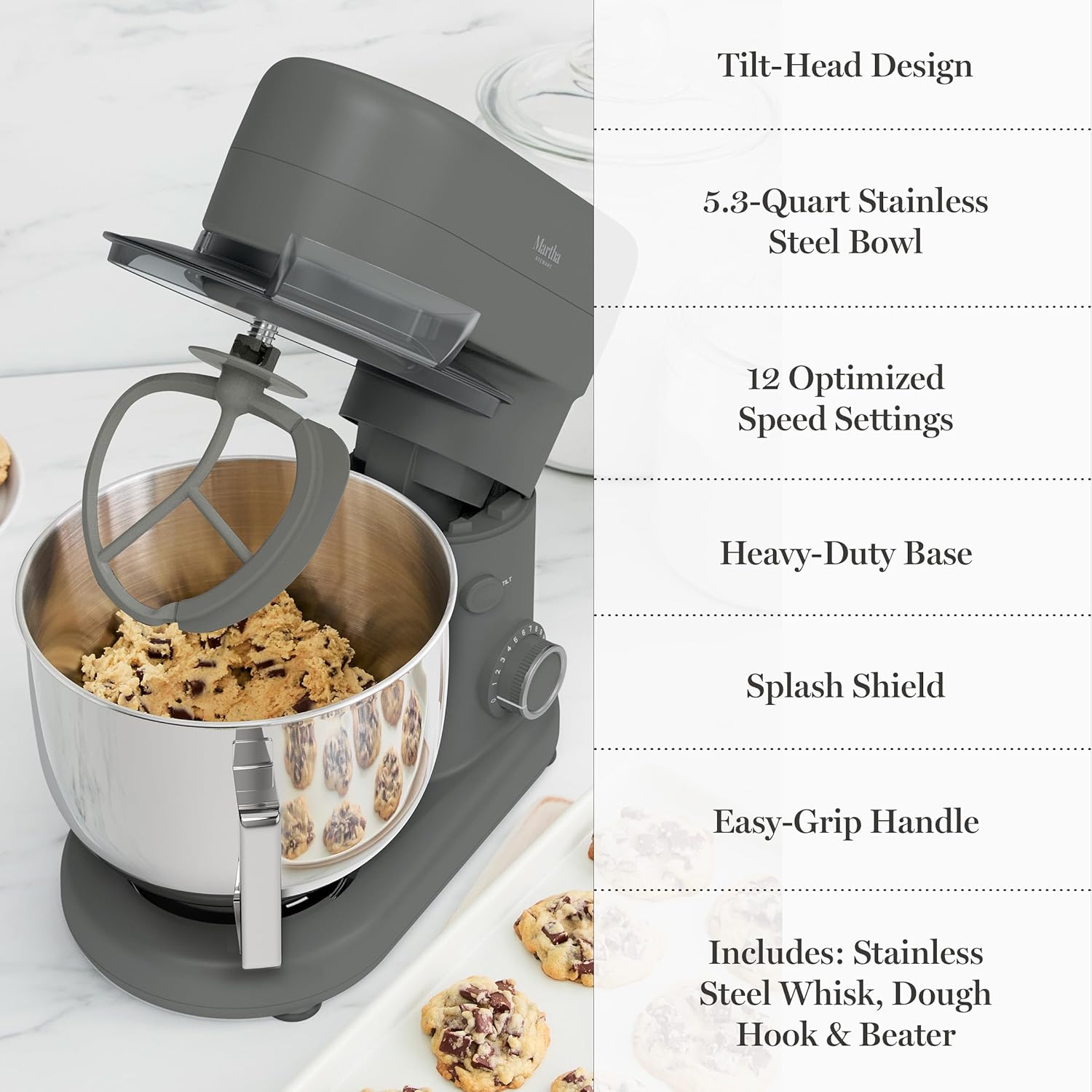 Martha Stewart 5.3Qt Stand Mixer, 12-Speed Tilt-Head Electric Kitchen Mixer with Stainless Steel Bowl, Dough Hook, Whisk & Beater, Splash Guard, Ideal for Baking Bread, Cake & Whipping, Caviar Gray - Image 9