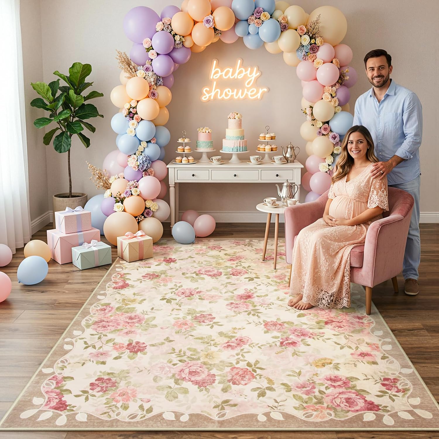 Lahome Floral Washable Rugs 5x7,Rugs for Living Room Pink Area Rug,Vintage Rugs for Bedroom Girls Non Slip Low Pile Ultra-Thin Large Carpet for Office Dining Room,Kids Playroom Nina (5'X7',Beige) - Image 4