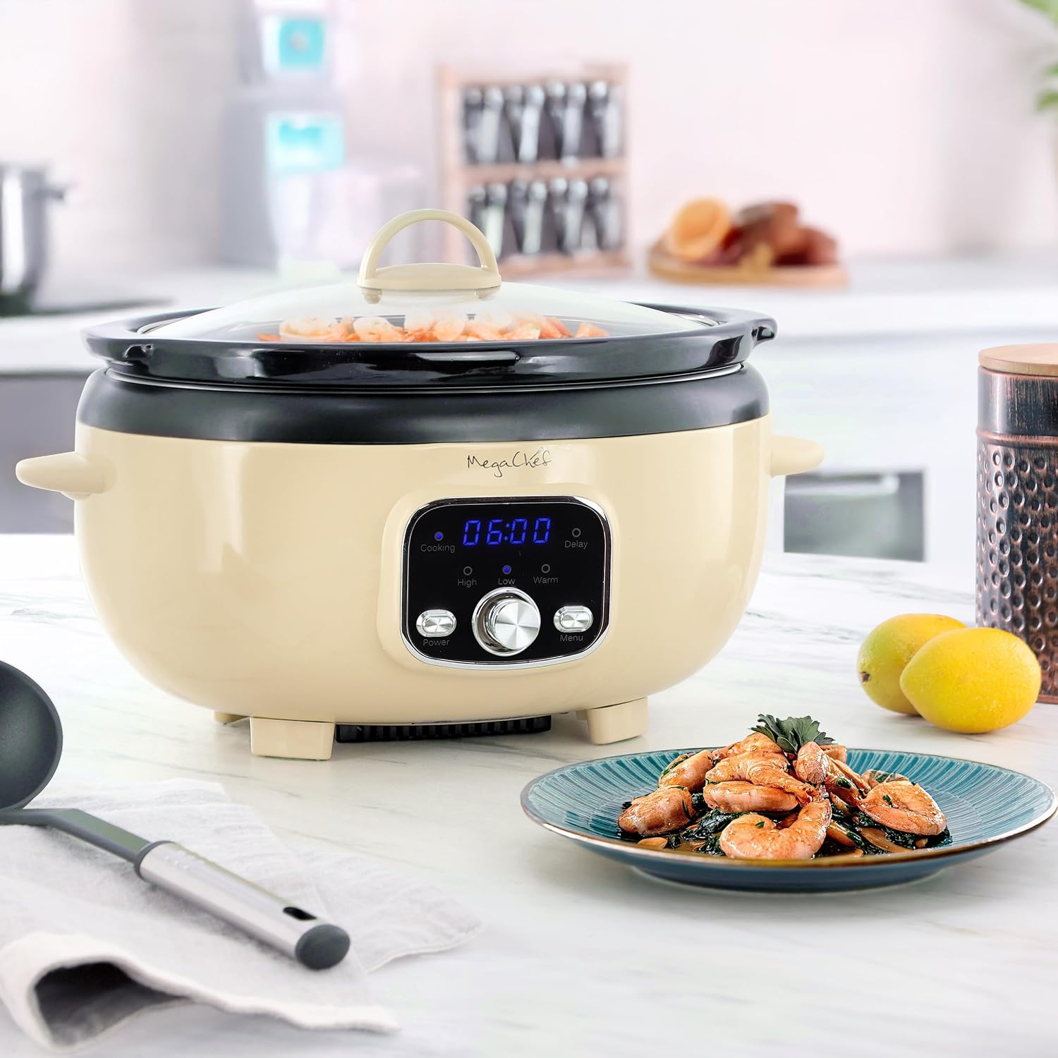 MegaChef 3.7 Quart Oval Electric Digital Slow Cooker with Black Stoneware Crock, Adjustable Timer & Temperature Control, Delay, High, Low & Warm Settings - Versatile Cooking Appliance (Cream) - Image 6