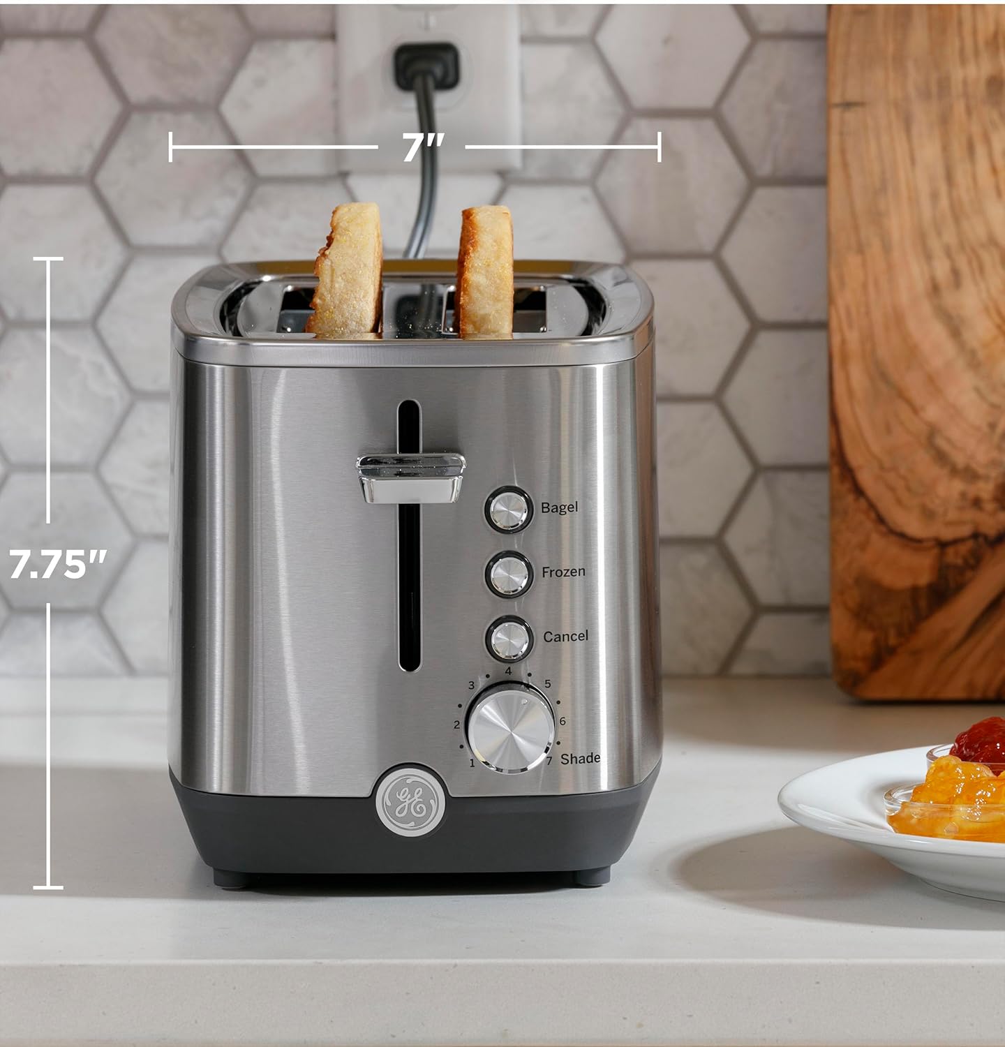 GE 2 Slice Stainless Steel Toaster, Extra Wide Slots for Toasting Bagels, Breads, Waffles & More, 7 Adjustable Shade Settings, Removable Crumb Tray, Countertop Kitchen Essentials, 850 Watts - Image 2
