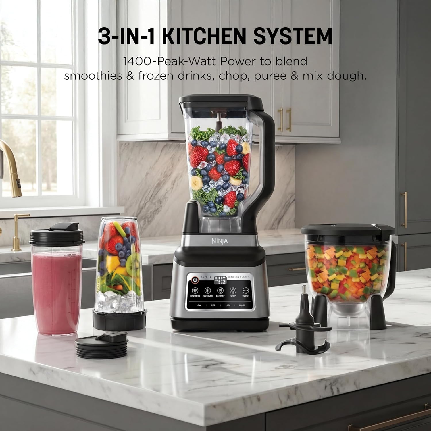 Ninja BN801 Professional Plus Kitchen System, 1400 WP, 5 Functions for Smoothies, Chopping, Dough & More with Auto IQ, 72-oz.* Blender Pitcher, 64-oz. Processor Bowl, (2) 24-oz. To-Go Cups, Grey - Image 2