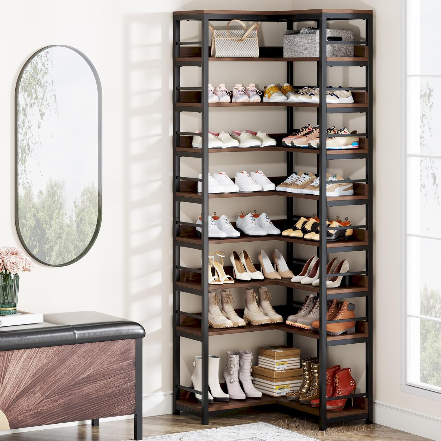 Tribesigns 9 Tiers Corner Shoe Rack, Tall Vertical Shoe Rack Organizer, Free Standing Large Shoe Storage Shelf for Entryway Hallway Closet, Space Saving, Rustic Brown - Image 4