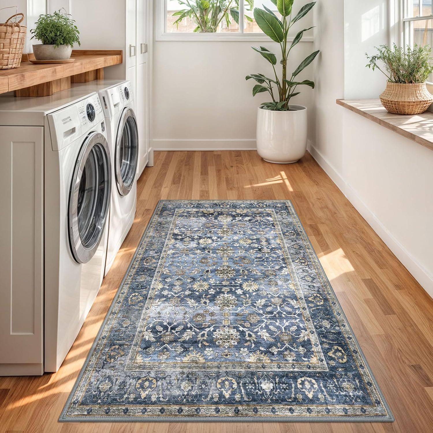 KUTA Vintage Floral 3x5 Entryway Rug, Area Rugs for Living Room Blue Grey Beige Washable Kitchen Carpet Non-Slip, Ultra Thin Soft Printed Distressed Oriental Entry Low-Pile Throw for Dining Room Dorm - Image 4