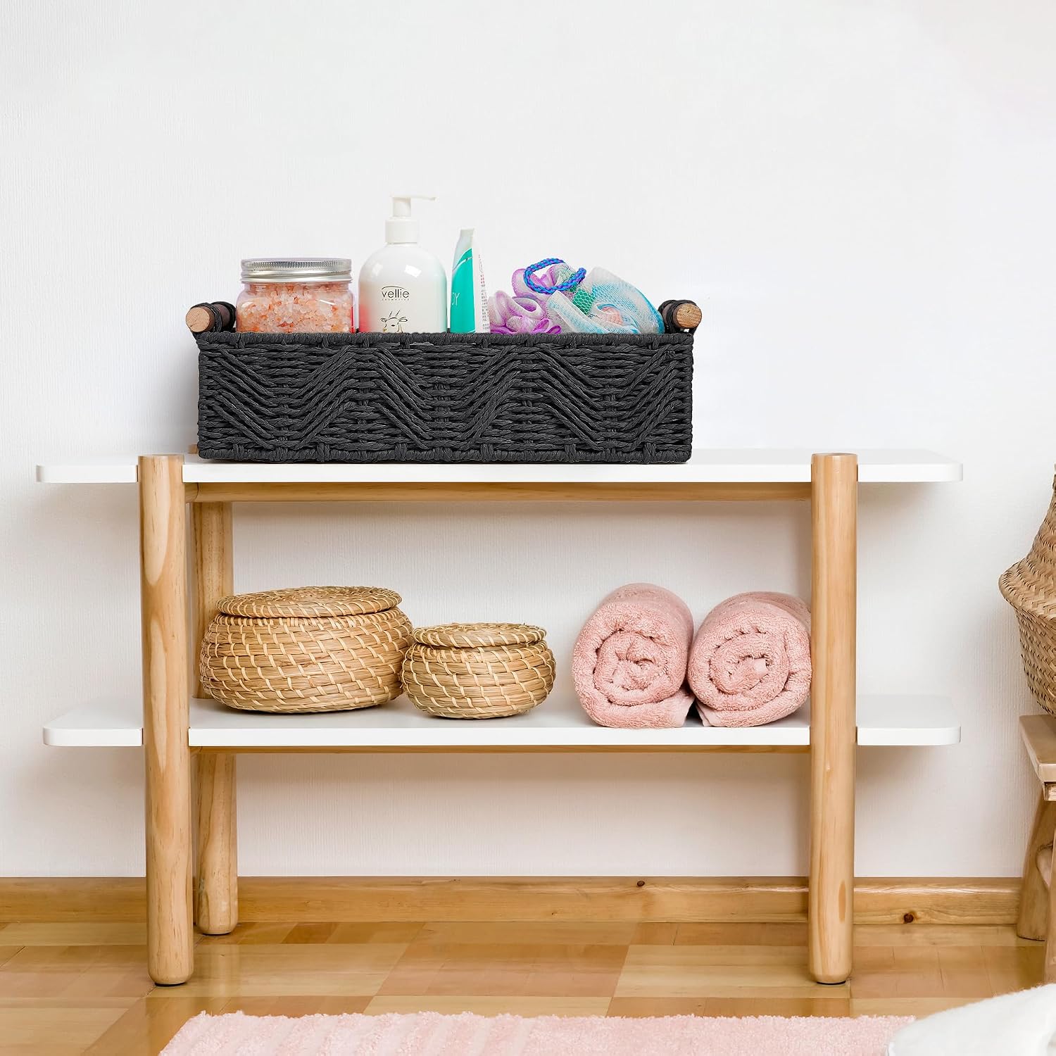 Bathroom Baskets for Organizing with Handle Decorative Basket for Bathroom Countertop Storage Toilet Paper Storage Basket for Toilet Tank Top Small Baskets Set,Black - Image 5