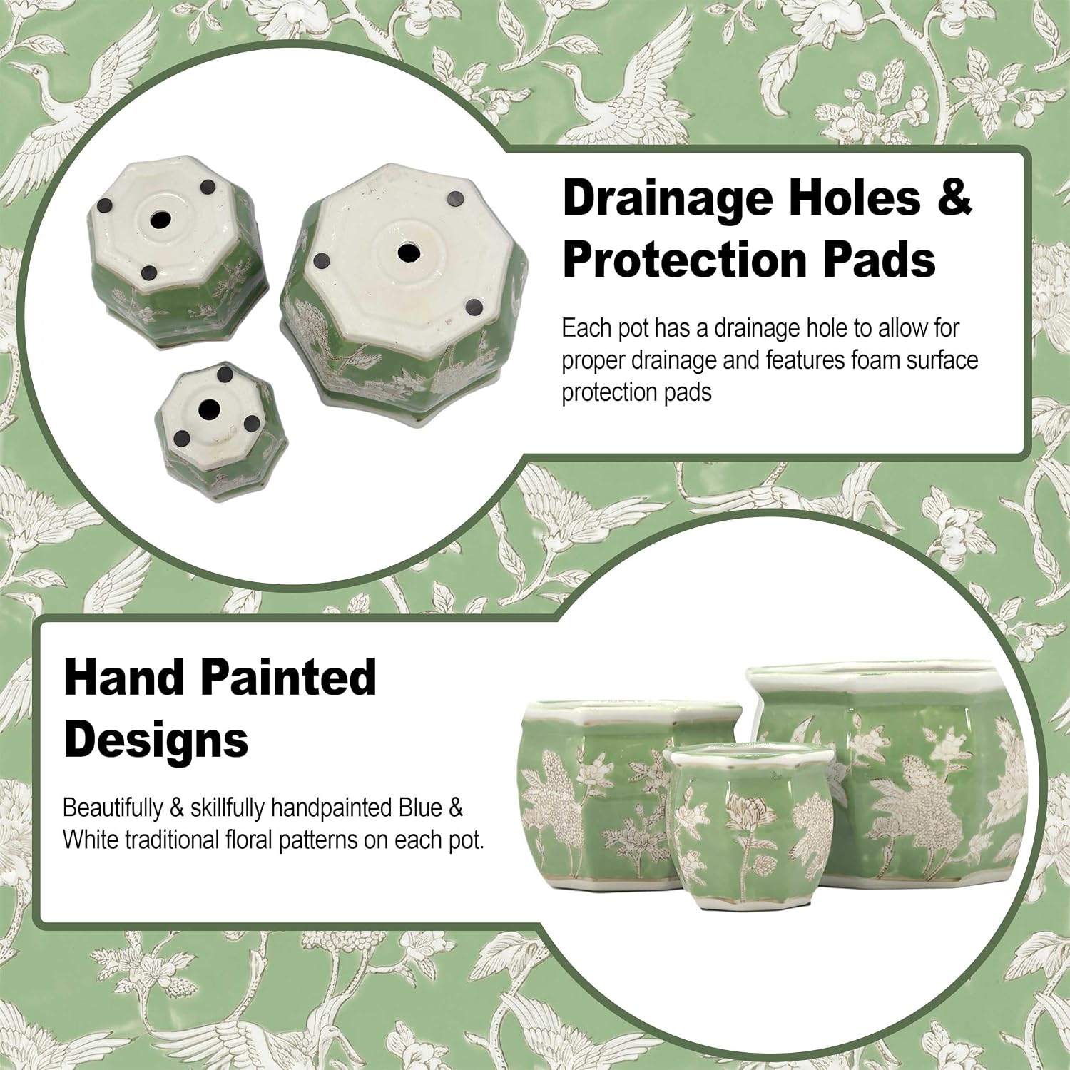 Galt International Green & White Floral Porcelain Ceramic Decorative Flower Pot 8"/6"/4.5" Garden Pots Chinese Asian Design - Set of 3 Green Fluted - Image 2