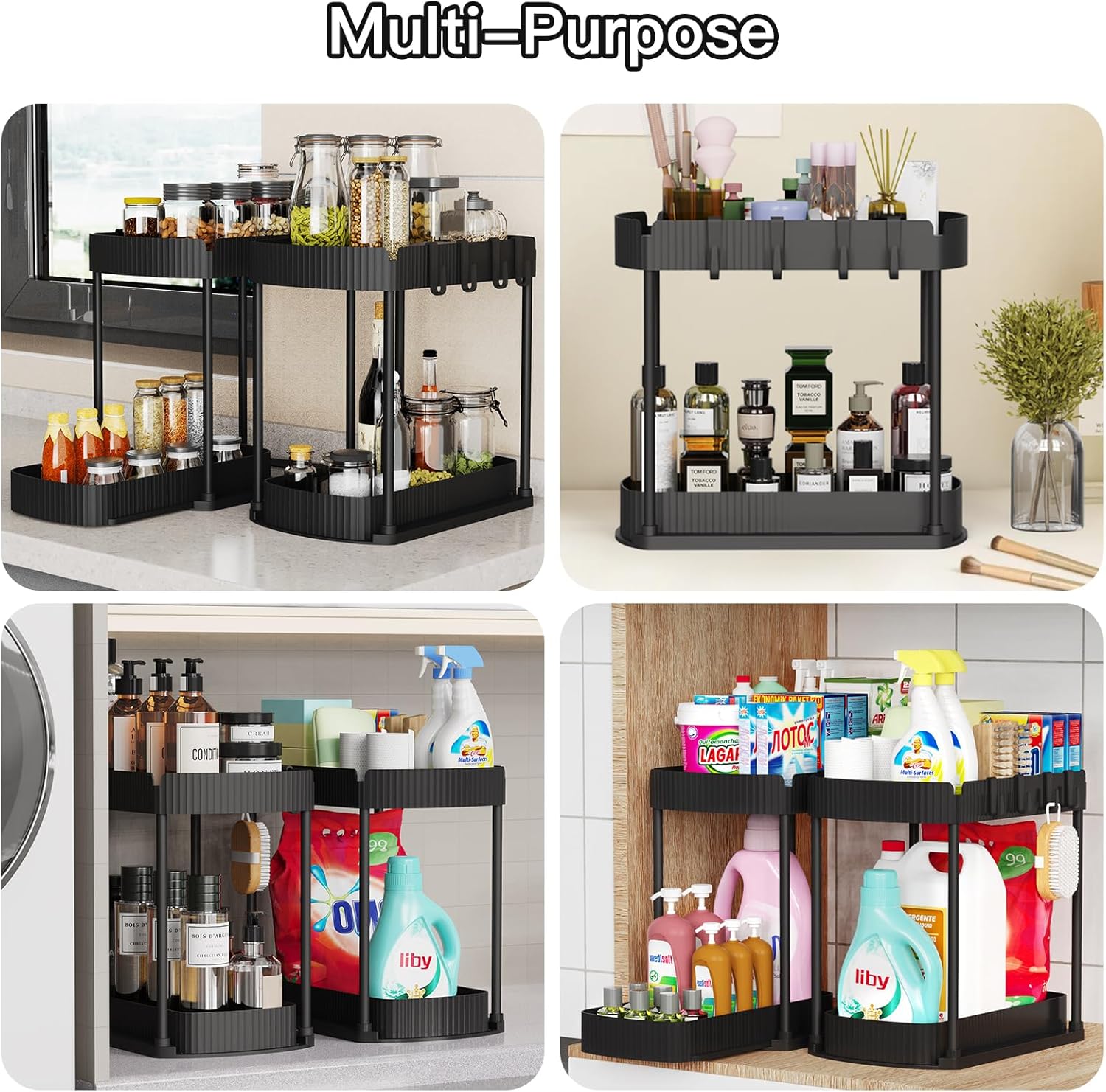 Ukeetap Multi-Purpose Pull-Out Storage Organizers, Under Sink/Cabinet Organizers and Storage for Bathroom & Kitchen, Black, 12.8 Inches, 2 Packs - Image 6