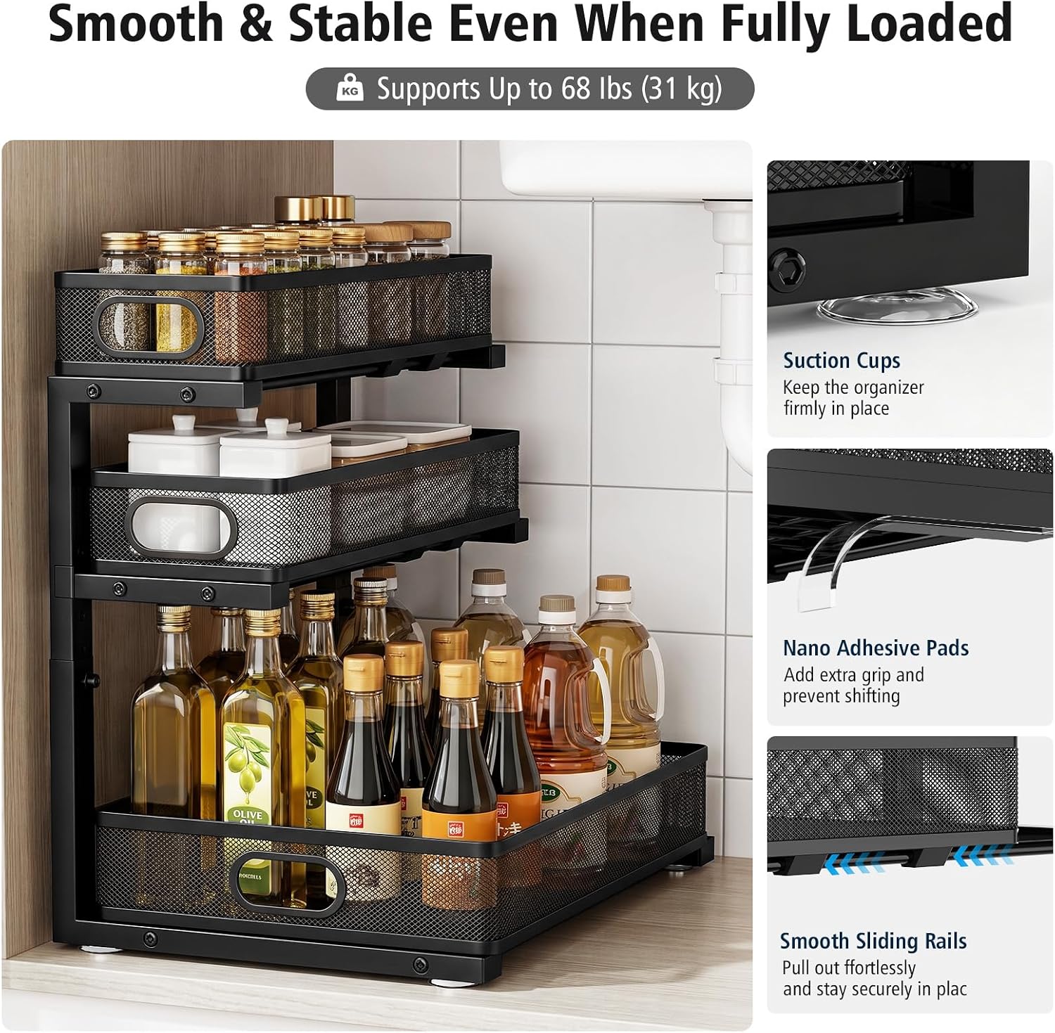 Under Sink Organizer, 3 Tier Pull Out Cabinet Organizer with 5 Adjustable Heights, Metal Under Sink Storage with Sliding Drawers for Kitchen, Bathroom, Pantry and Laundry Room, 2-Pack Black - Image 6