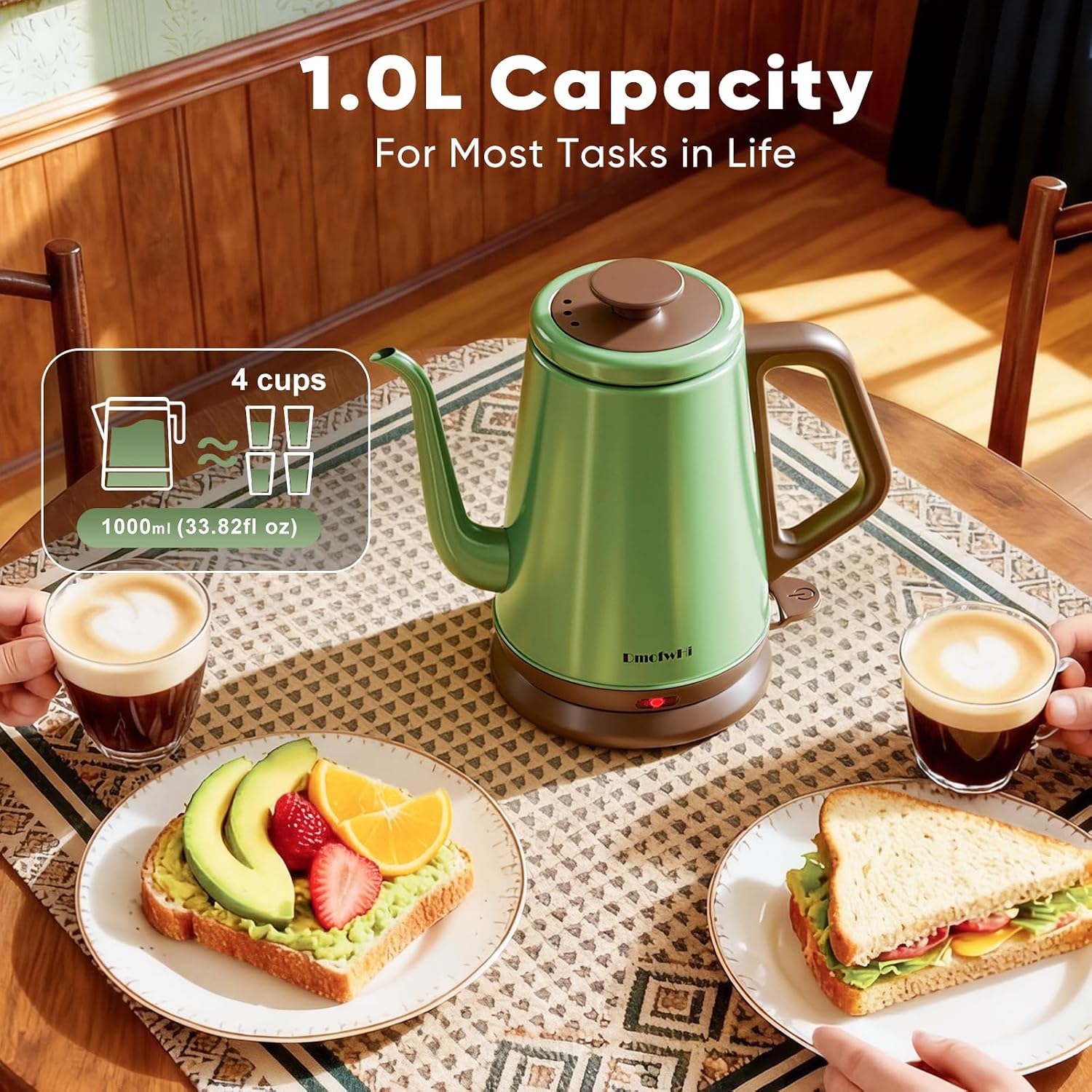 DmofwHi Gooseneck Electric Kettle(1.0L), 100% Stainless Steel BPA Free Classic Pour Over Coffee Kettle | Tea Kettle - Green - Image 6