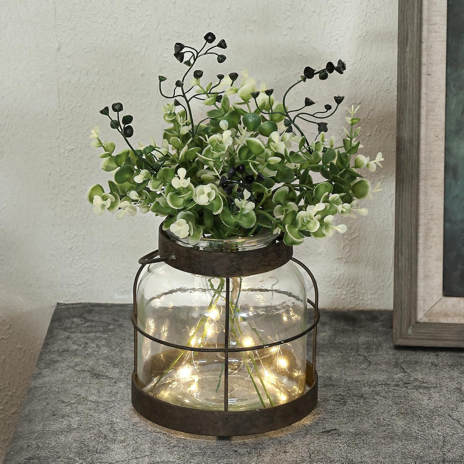 Vintage Glass Farmhouse Vase, Rustic Lantern Decor with Plants Flowers Lights Vintage Style Vases for Home Decor Floral Arrangement Hostess Gift