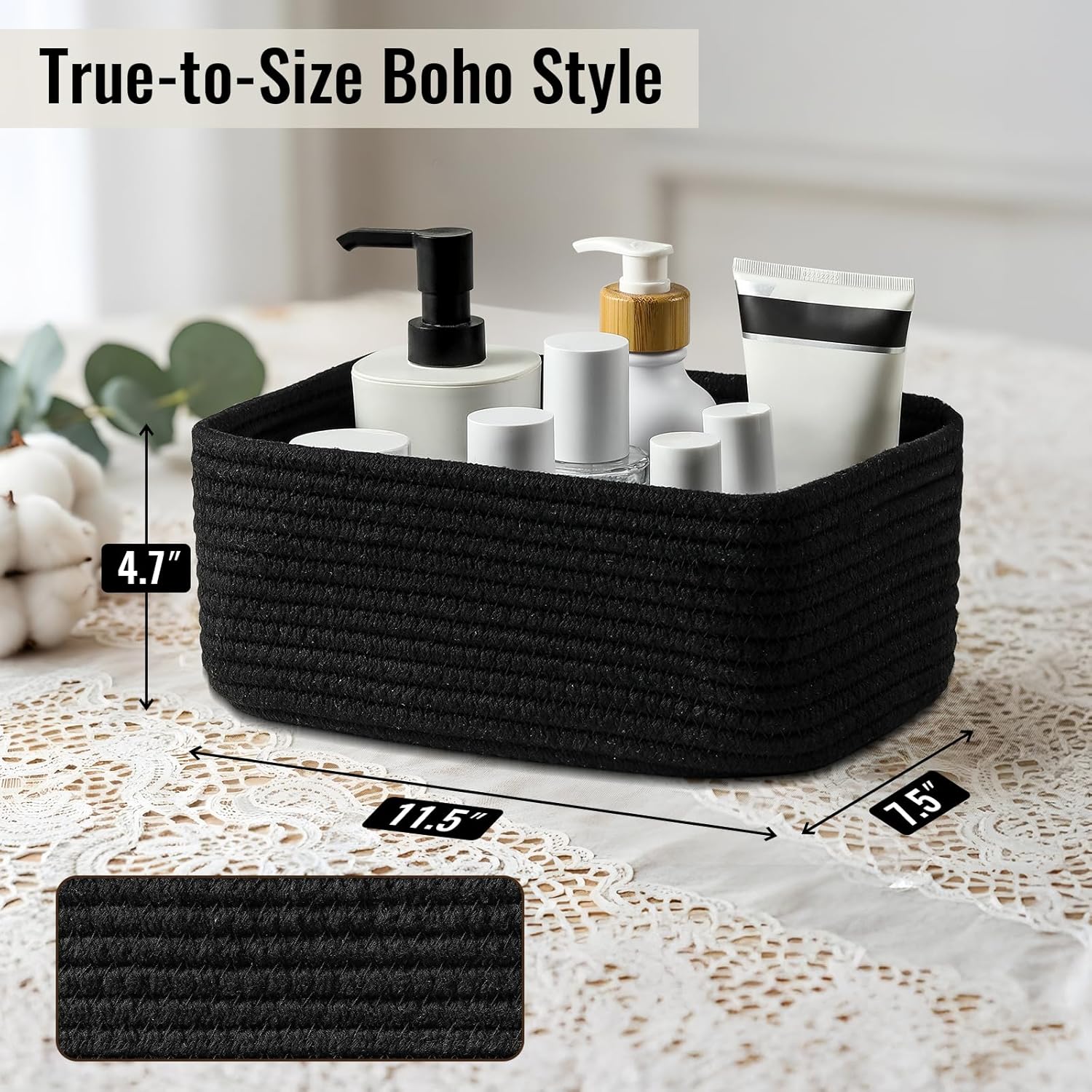 8 Pack Small Storage Baskets for Organizing, Woven Rope Bins for Bathroom, Closet, Shelf Organizer, Cute Cube Decorative Box for Towels, Baby Nursery, Toys, Gift Empty Baskets - 11.5"x7.5"x4.7"-Black - Image 2