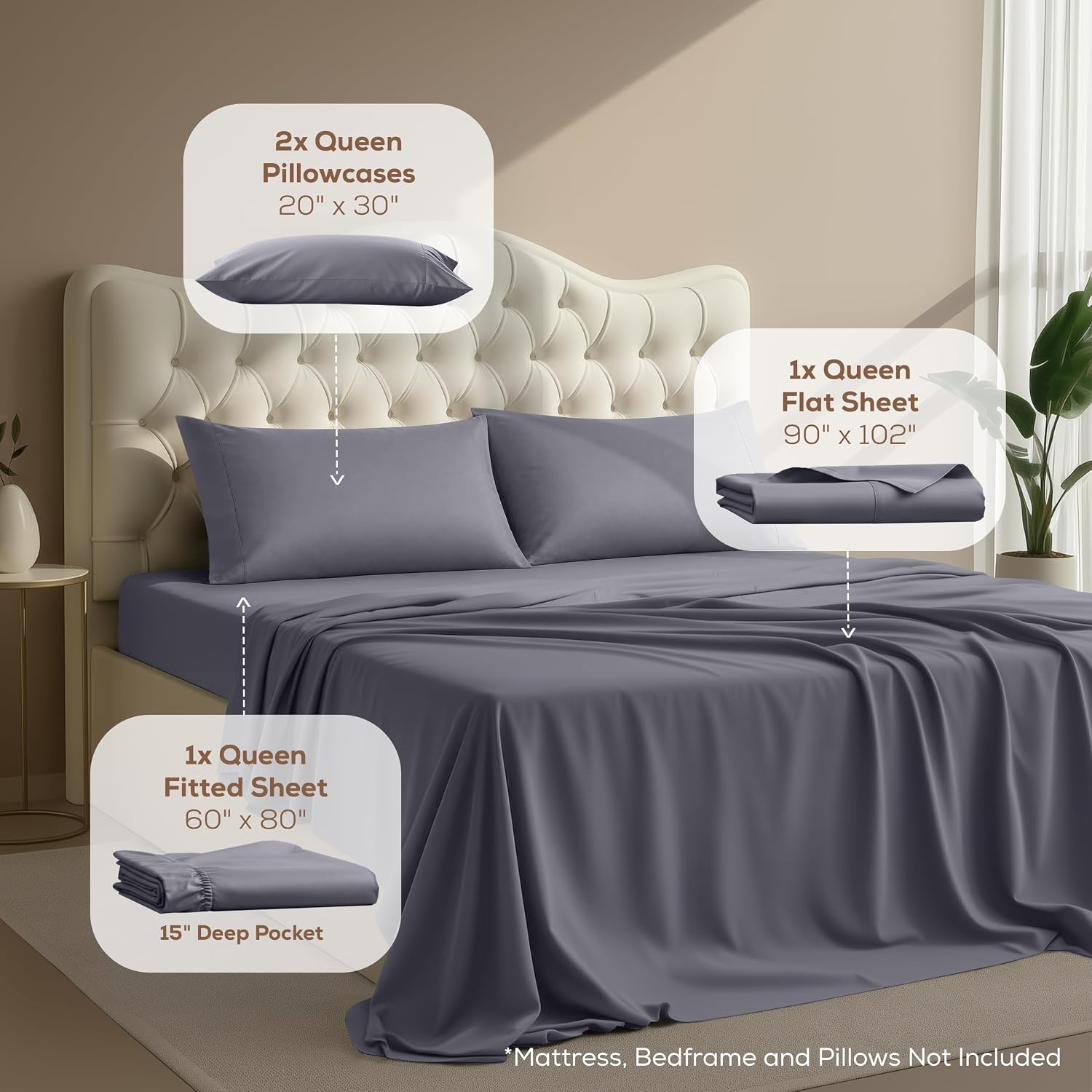 Queen Size Sheet Set – 4 Piece Bed Sheets, Soft and Breathable Microfiber, Includes 1 Fitted Sheet, 1 Flat Sheet and 2 Pillowcases – Oeko Tex (Grey) - Image 3