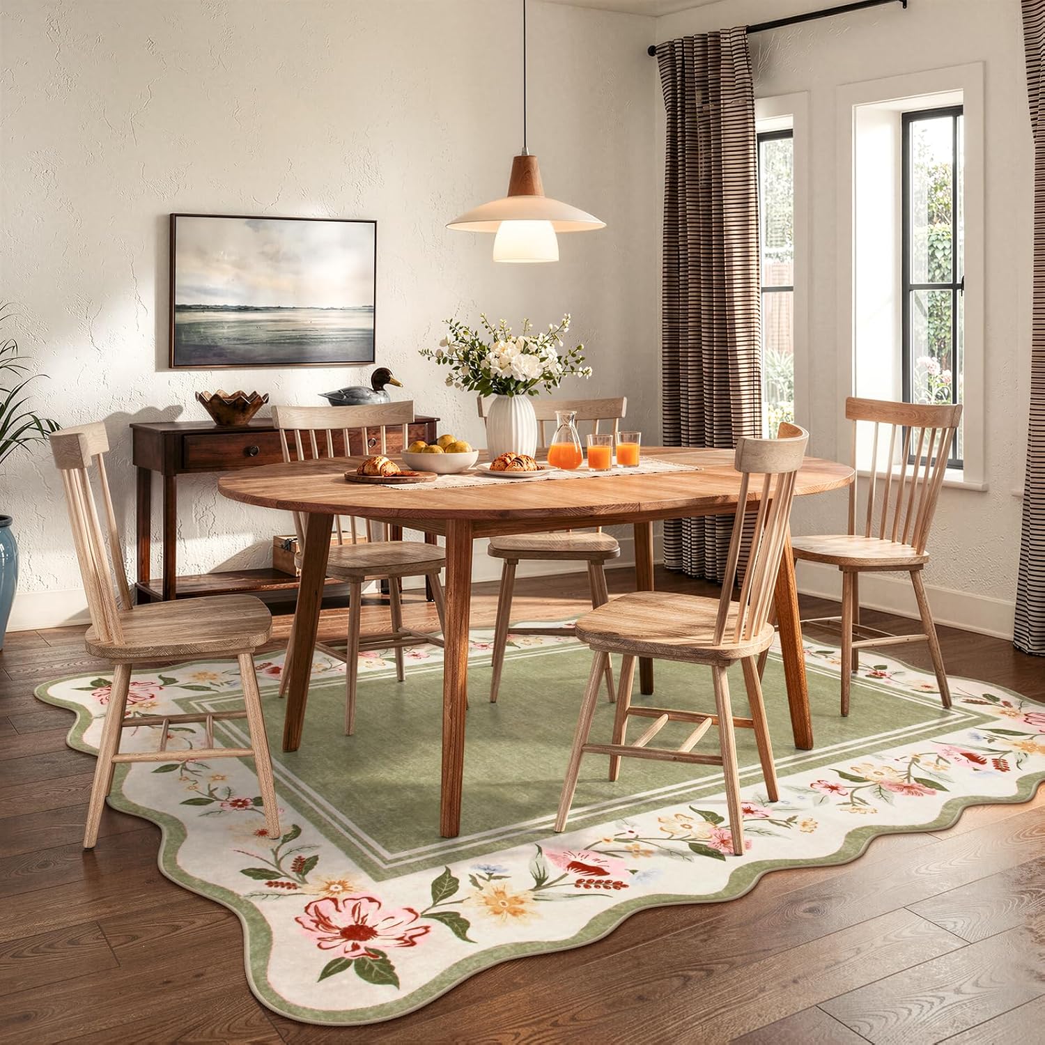 Lahome Floral Scalloped Rug 5x7, Green Rugs for Living Room Ultra-Thin, Vintage Boho Washable Area Rug 5x7 Soft Bedroom Rugs Non-Slip Throw Carpet for Farmhouse Dining Room Playroom Ariele - Image 9