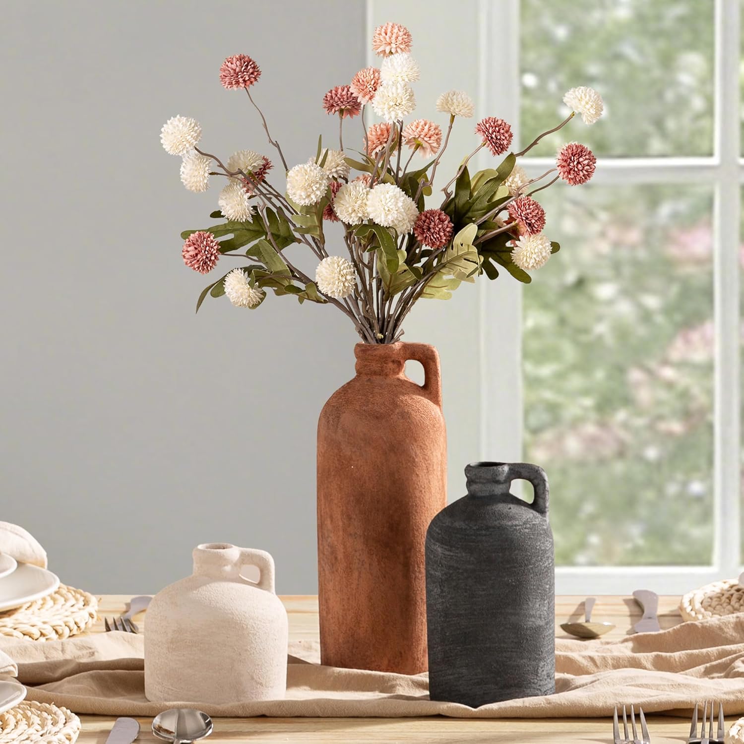 Ceramic Vase Home Table Decor - Flower Vase Set of 3 Living Room Kitchen Decorations Farmhouse Modern Rustic Vases Decorative Centerpiece for Shelf Bedroom Office Bathroom Dining Coffee Desk - Image 4