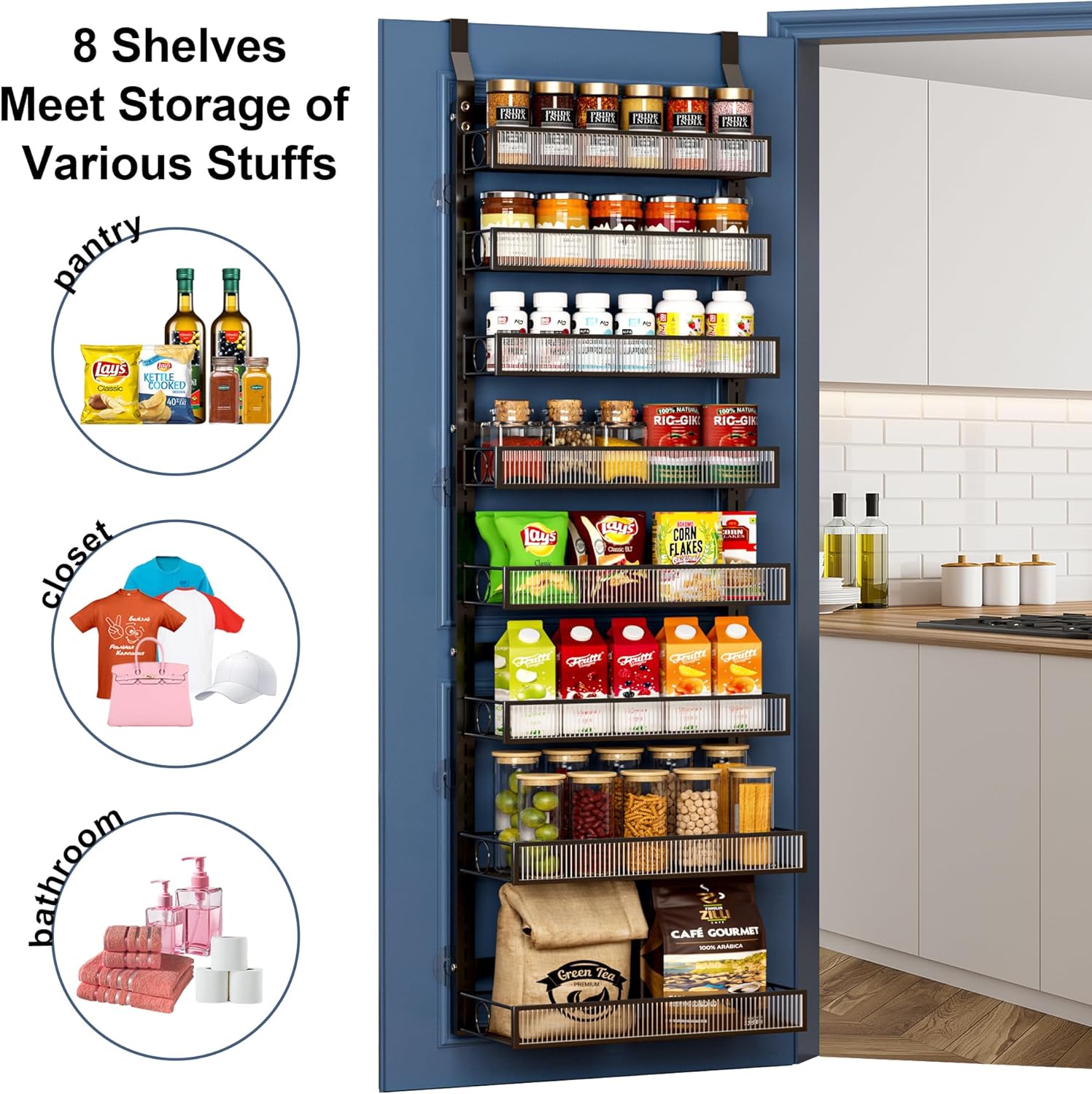 Over the Door Pantry Organizer 8 Tiers Hanging Door or Wall Mounted Spice Rack with Adjustable Acrylic Basket,Heavy Duty Metal Seasoning Storage Shelf for Kitchen Pantry and Bathroom - Image 7