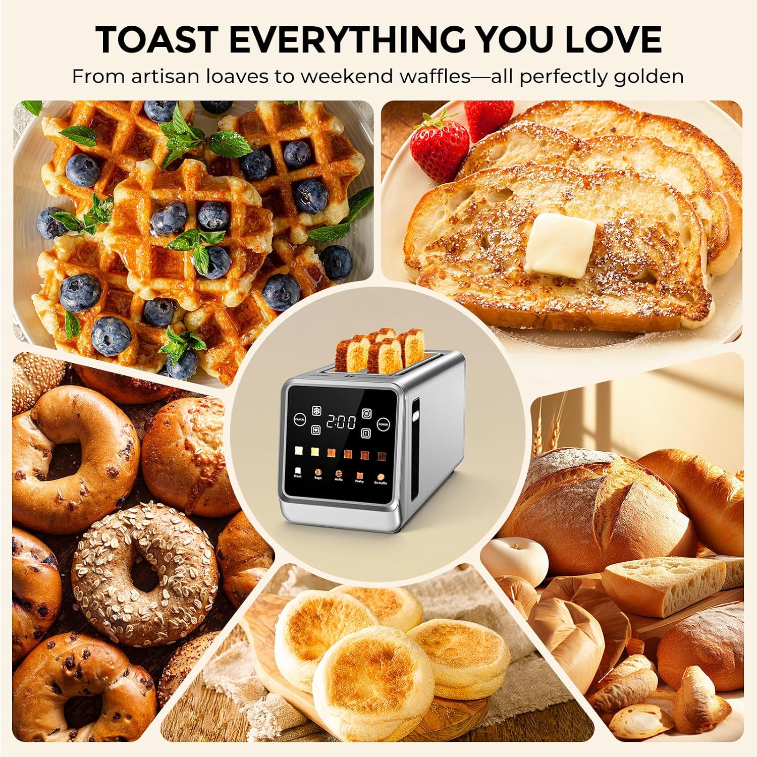Long Slot Toaster 4 Slice with Touchscreen, 1400W Stainless Steel 2-Slot Smart Appliance Extra Wide 1.5 Inch, Single Mode BreadID Tech Timer for Bagel Waffle - Image 4