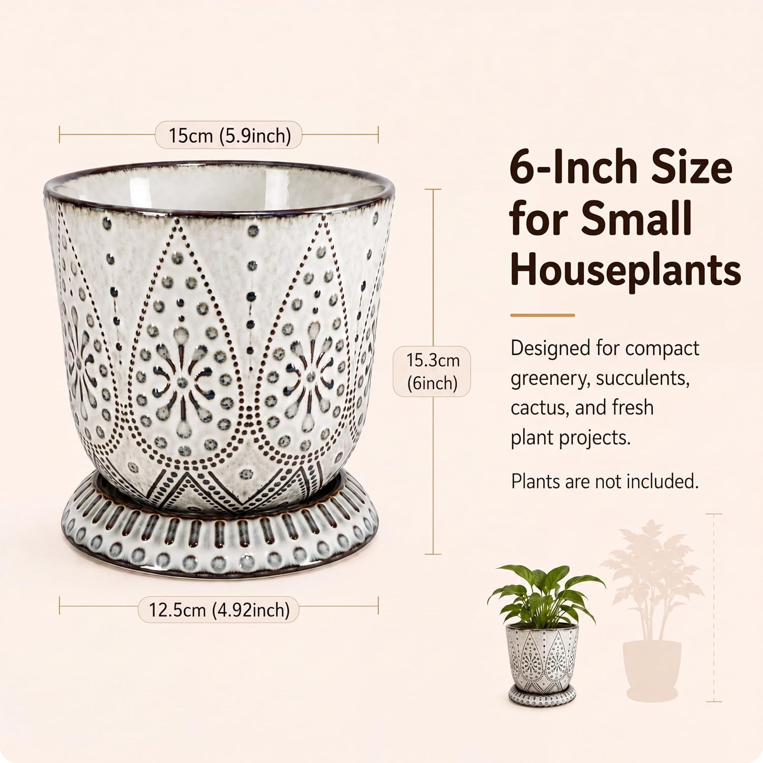 Gepege 6 Inch Beaded Ceramic Planter Set of 2 with Drainage Hole and Saucer for Plants, Indoor-Outdoor Large Round Succulent Orchid Flower Pot (Smoked Gray, Inner-pots not Larger Than 5 Inch) - Image 6