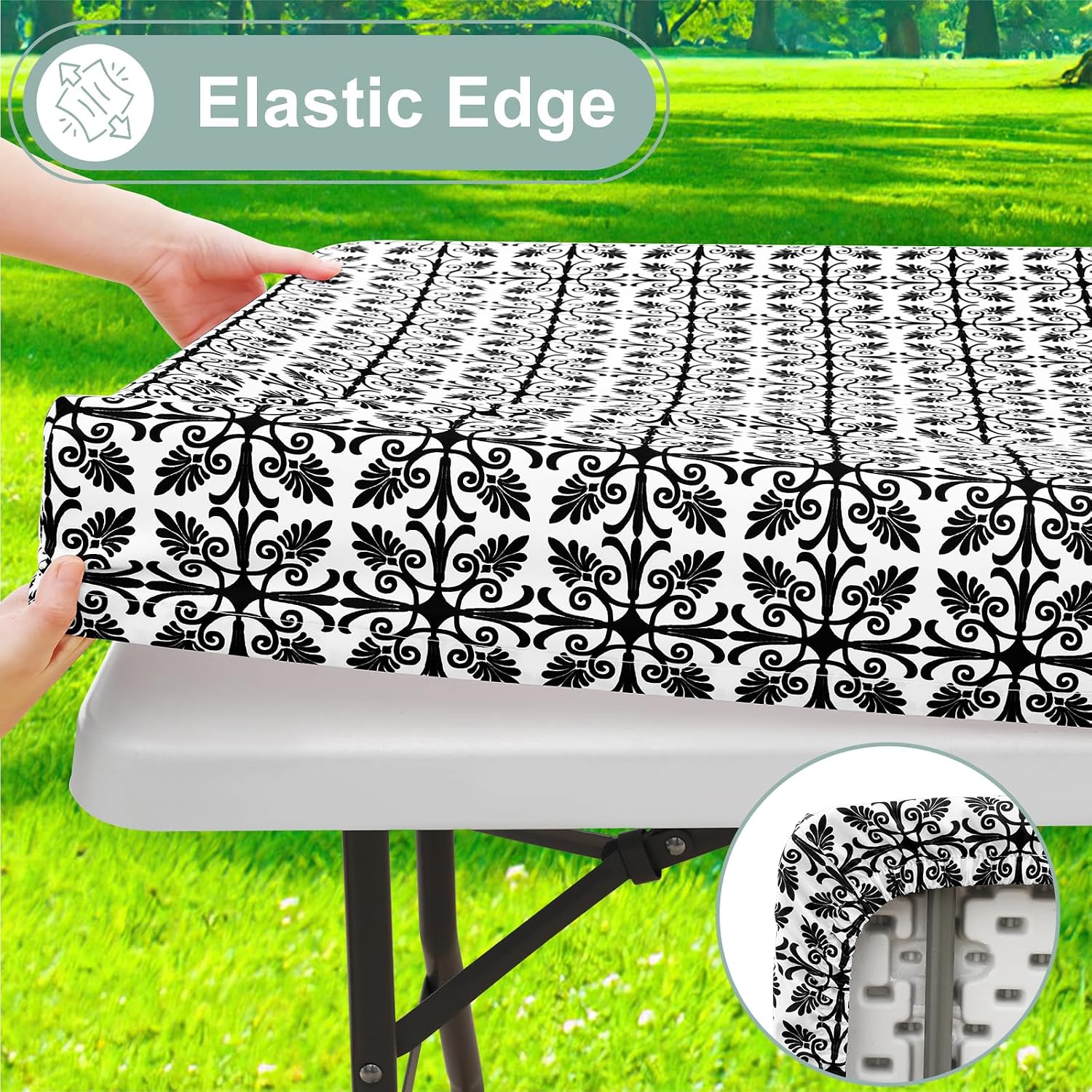 misaya Picnic Table Cover with Bench Cover, Waterproof Elastic Fitted Tablecloth for 6 Foot Tables, Rectangle Washable Polyester Tablecloths for Picnic, Camping, Outdoor (Black, 30" x 72") - Image 3