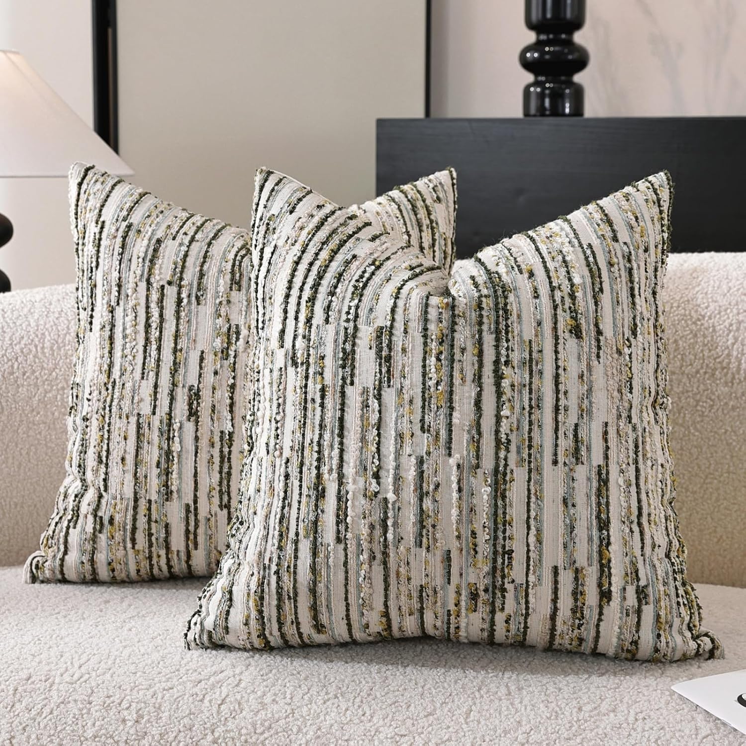 Striped Throw Pillow Covers 18x18 Set of 2 Green Textured Boucle Chic Morden Boho Accent Farmhouse Decorative Chenille Pillow Covers for Home Decor Bed Sofa Living Room